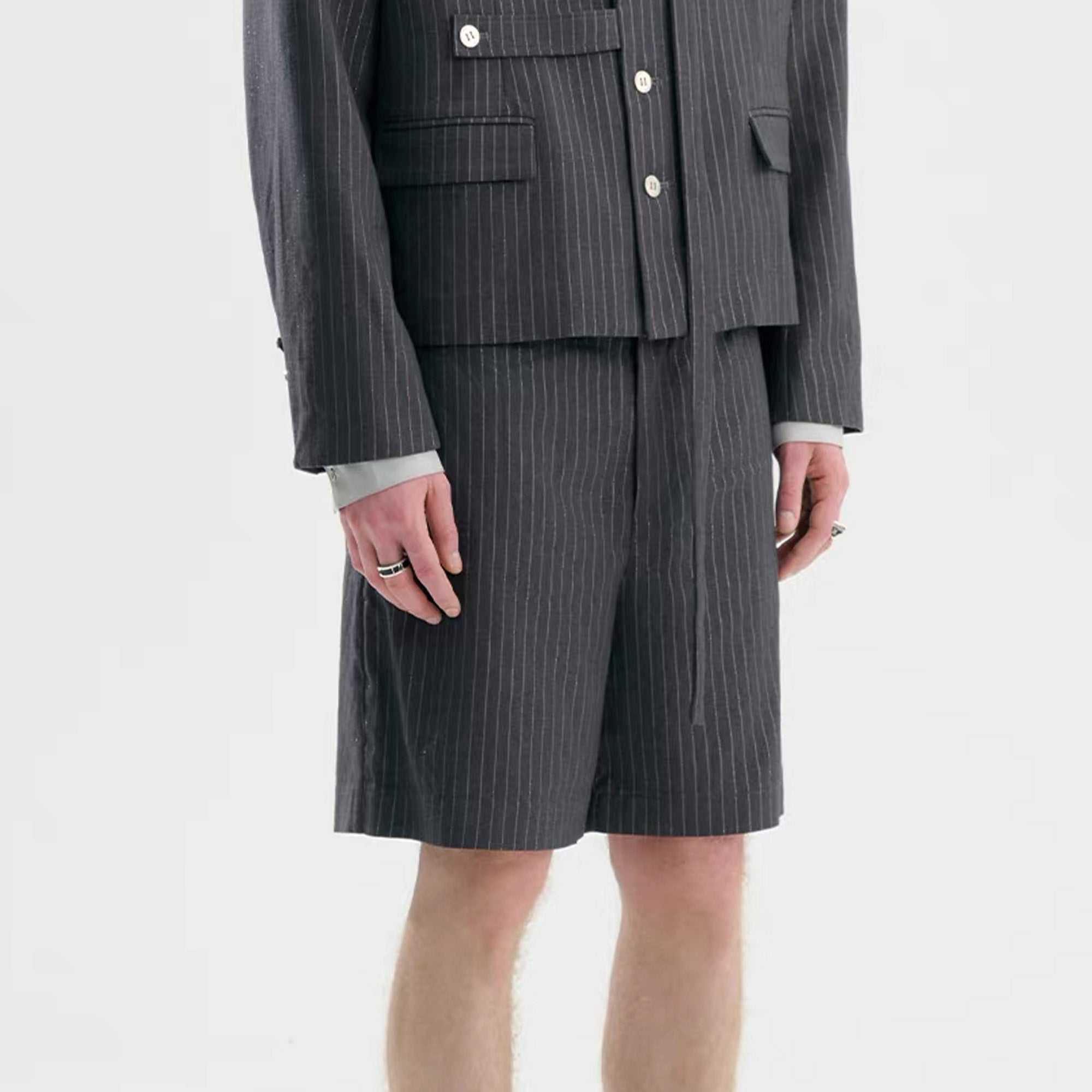 TIWILLTANG Straight-Leg Pinstripe Knee-Length Shorts, premium urban and streetwear designers apparel on PROJECTISR.com, TIWILLTANG