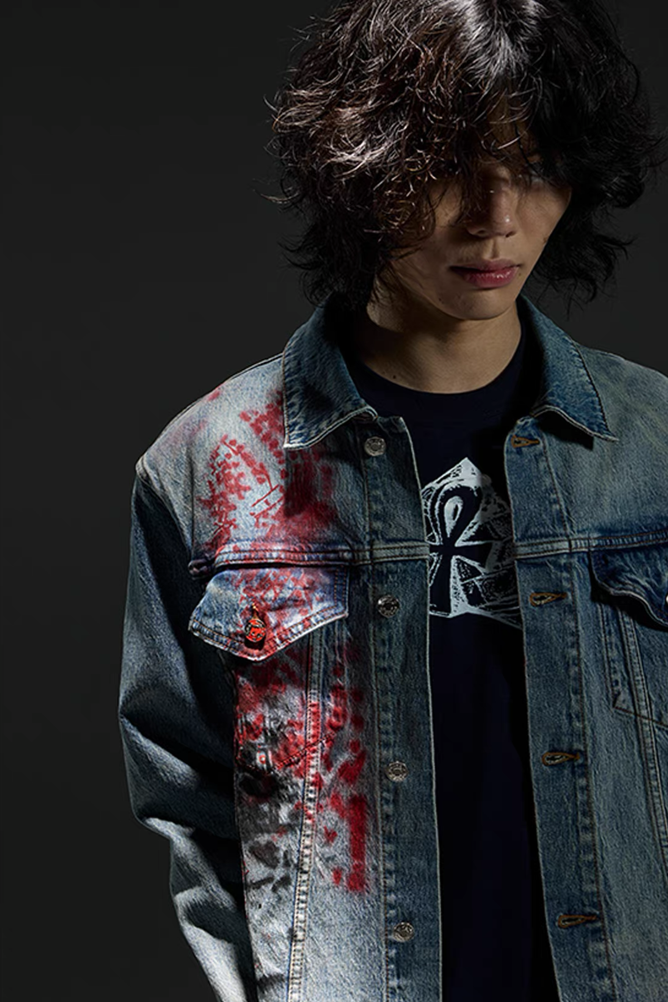 NOTHINGNESS WORLD Washed Multi-Print Denim Jacket, premium urban and streetwear designers apparel on PROJECTISR.com, NOTHINGNESS WORLD