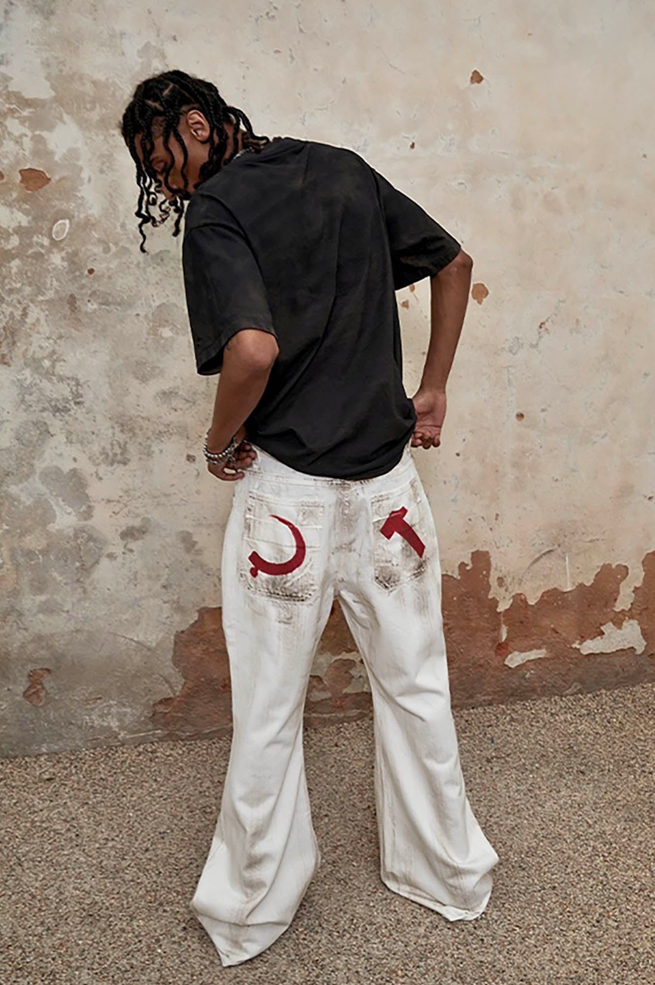 TRIANGLE PROJECT Distressed Crescent Blade Flared Denim Pants, premium urban and streetwear designers apparel on PROJECTISR.com, TRIANGLE PROJECT