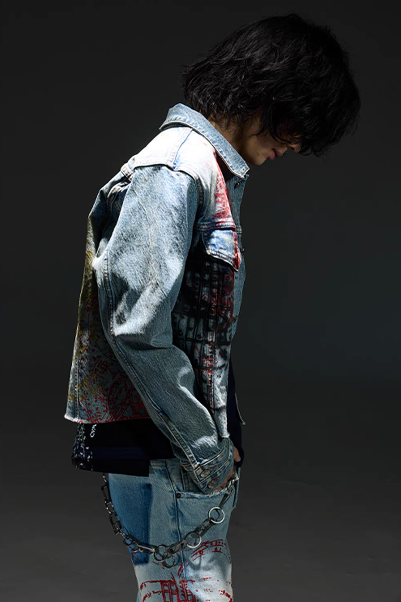 NOTHINGNESS WORLD Washed Multi-Print Denim Jacket, premium urban and streetwear designers apparel on PROJECTISR.com, NOTHINGNESS WORLD