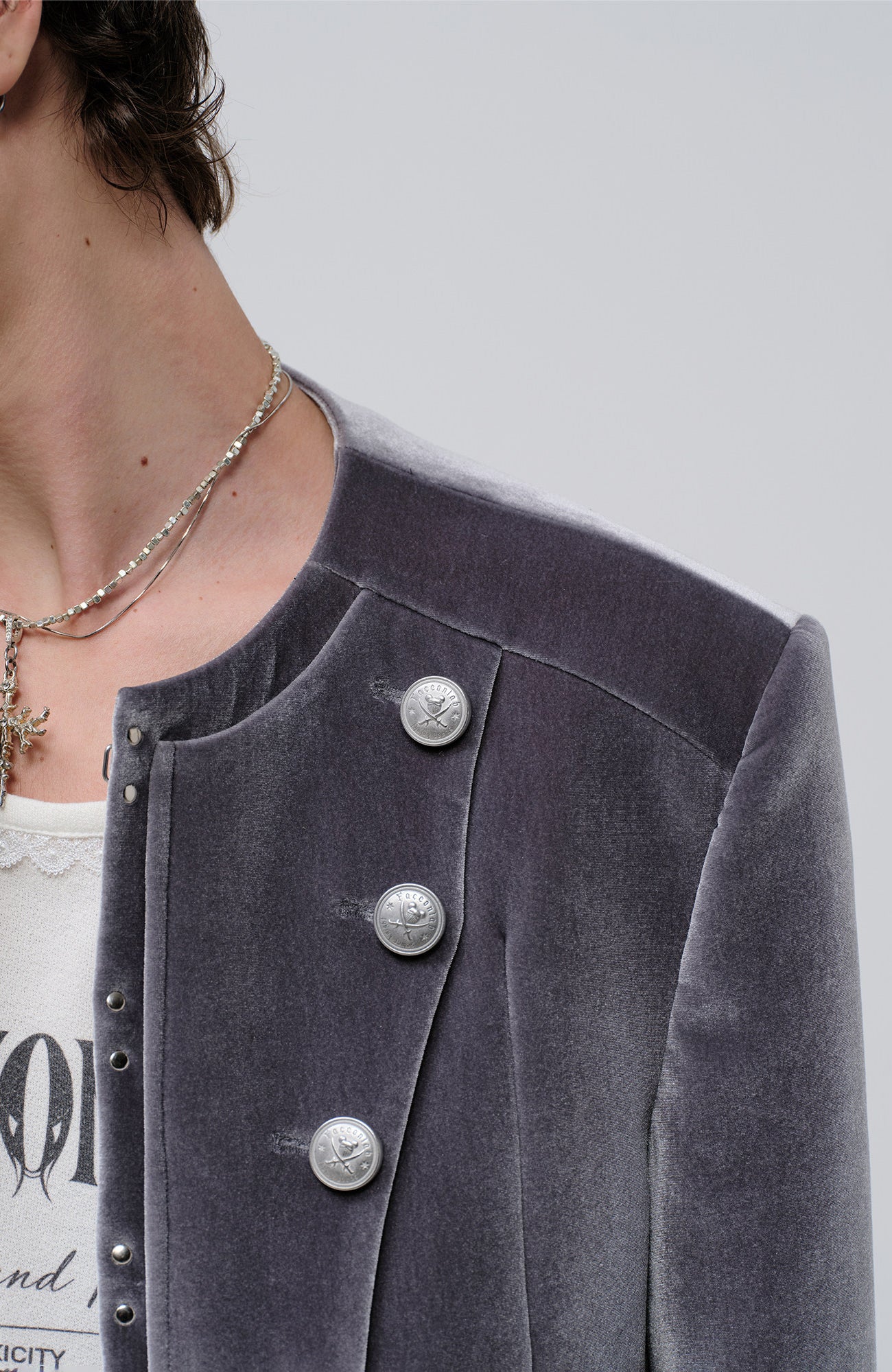 FACEONLAB Velvet Operatic Cropped Jacket Gray, premium urban and streetwear designers apparel on PROJECTISR.com, FACEONLAB