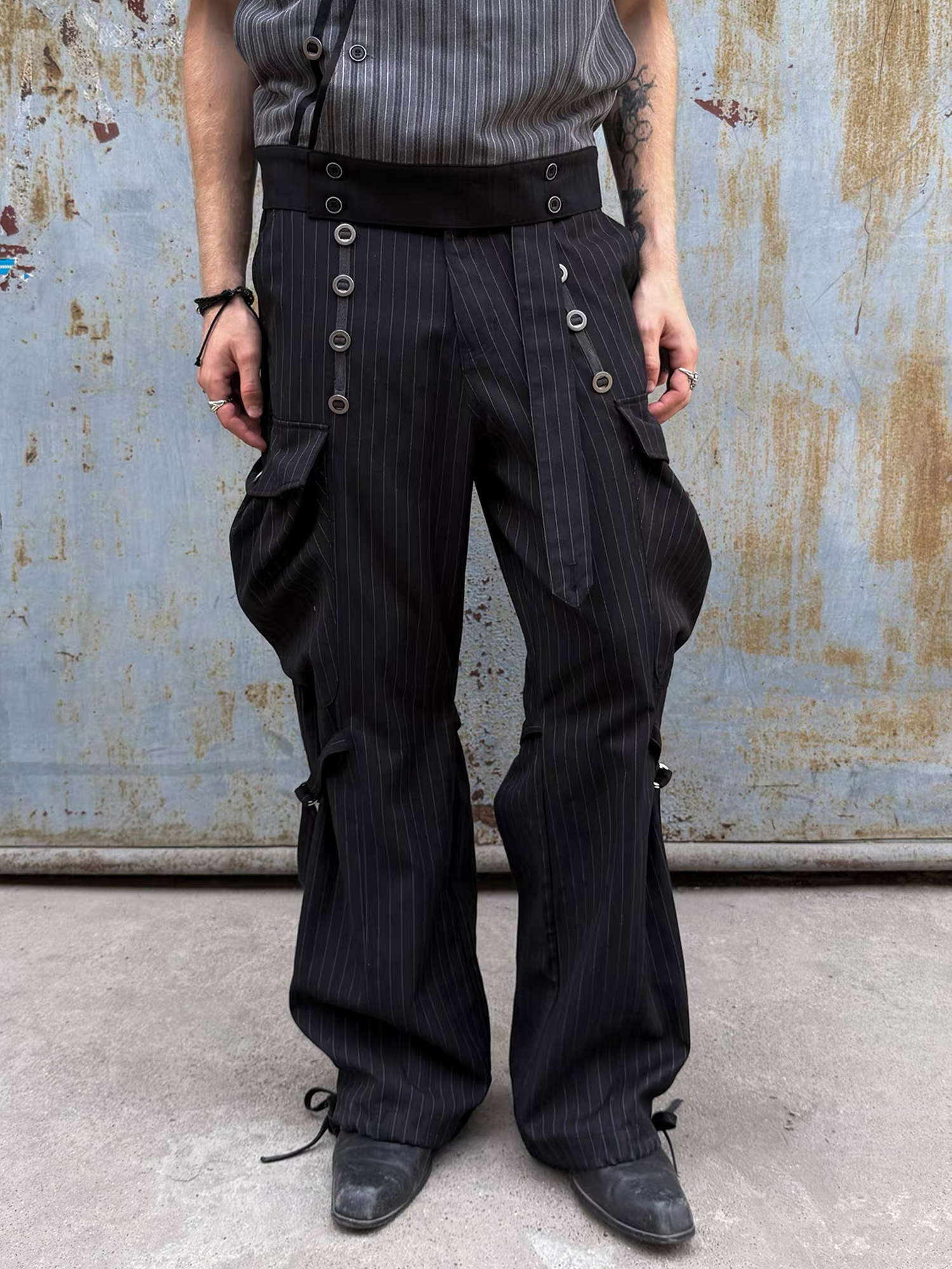 ESAIAS Pinstripe Grommet Belted Trousers