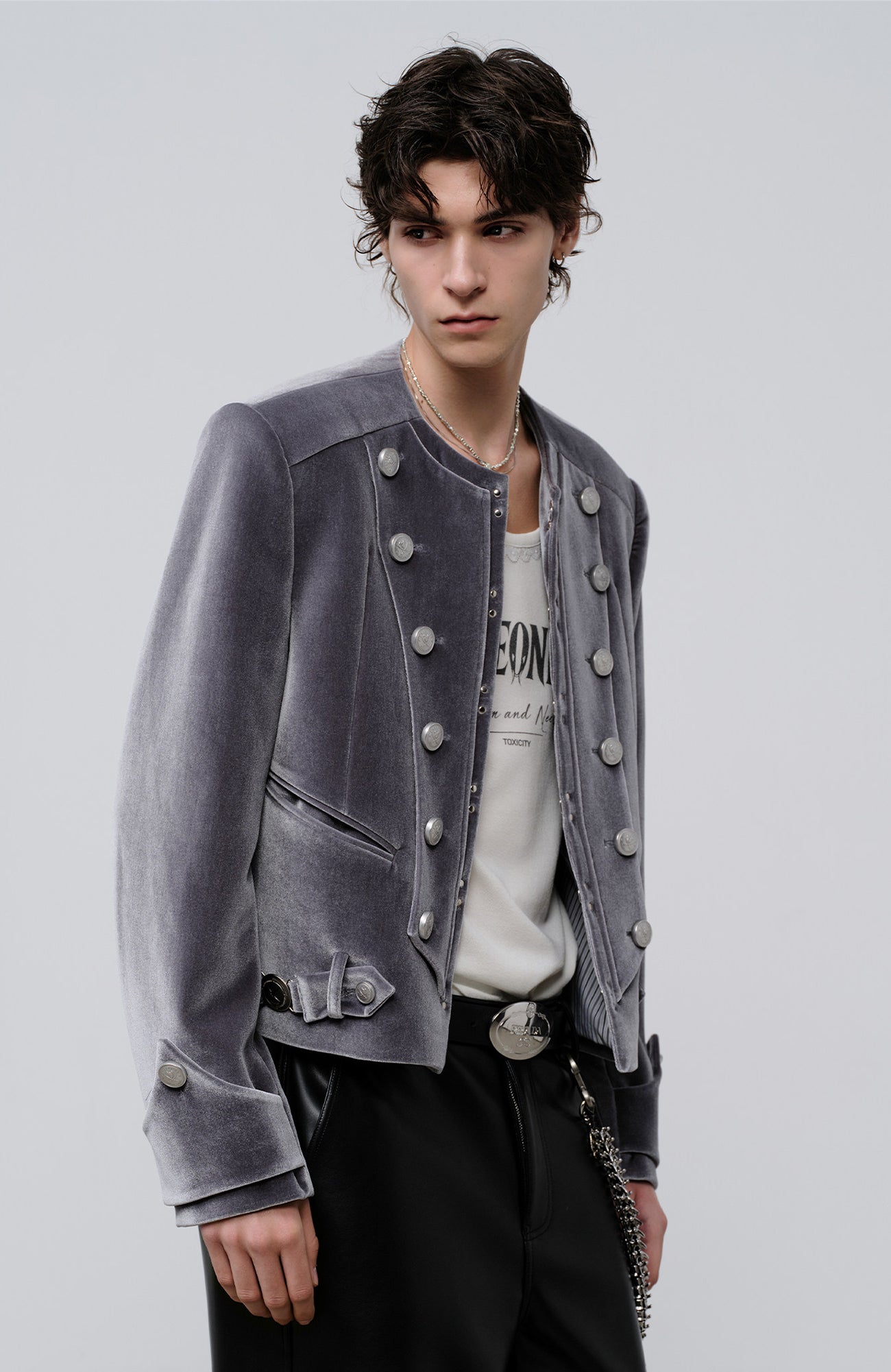 FACEONLAB Velvet Operatic Cropped Jacket Gray, premium urban and streetwear designers apparel on PROJECTISR.com, FACEONLAB