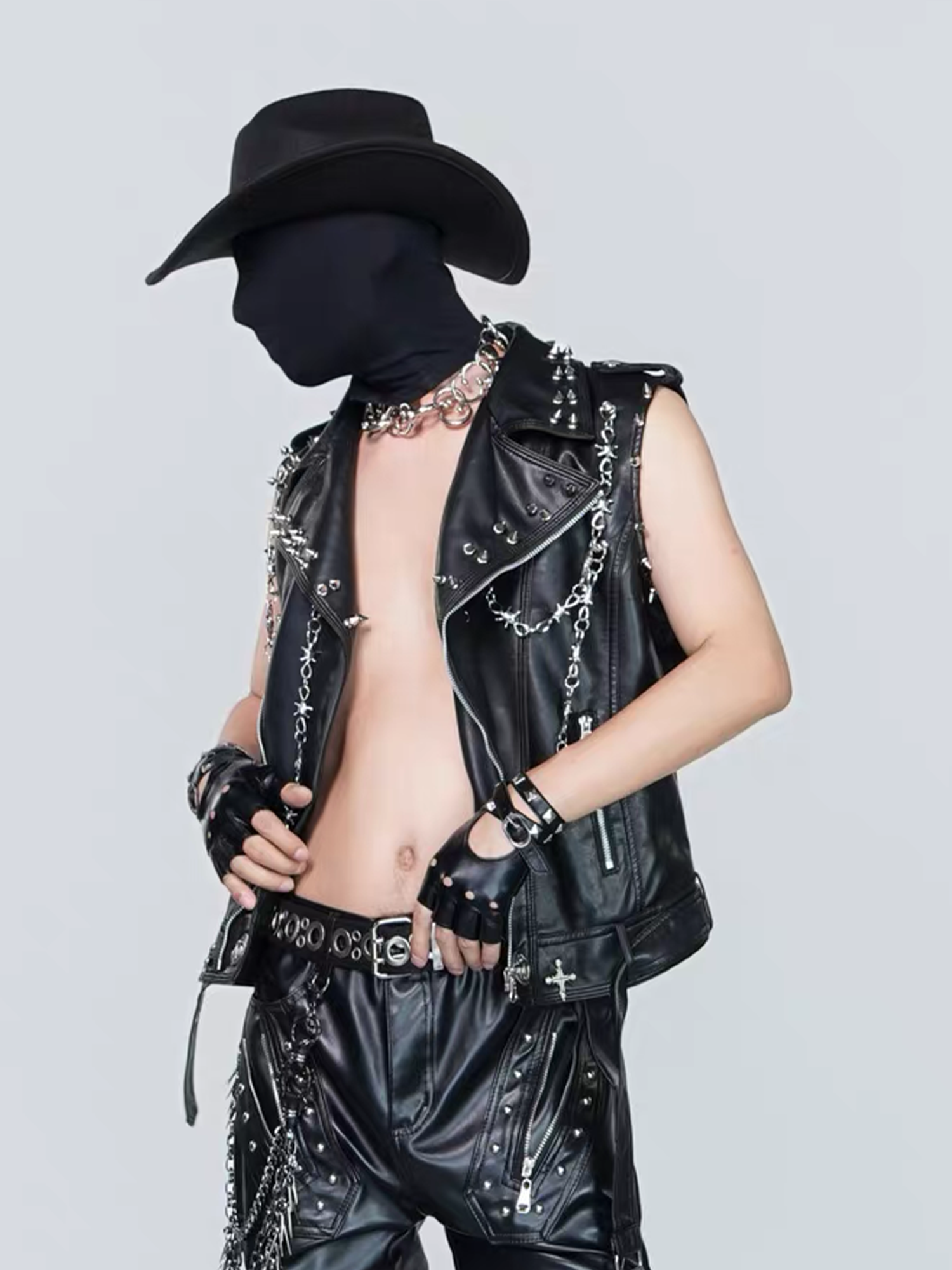 VE2 Thorn Chain Studded Faux Leather Biker Vest