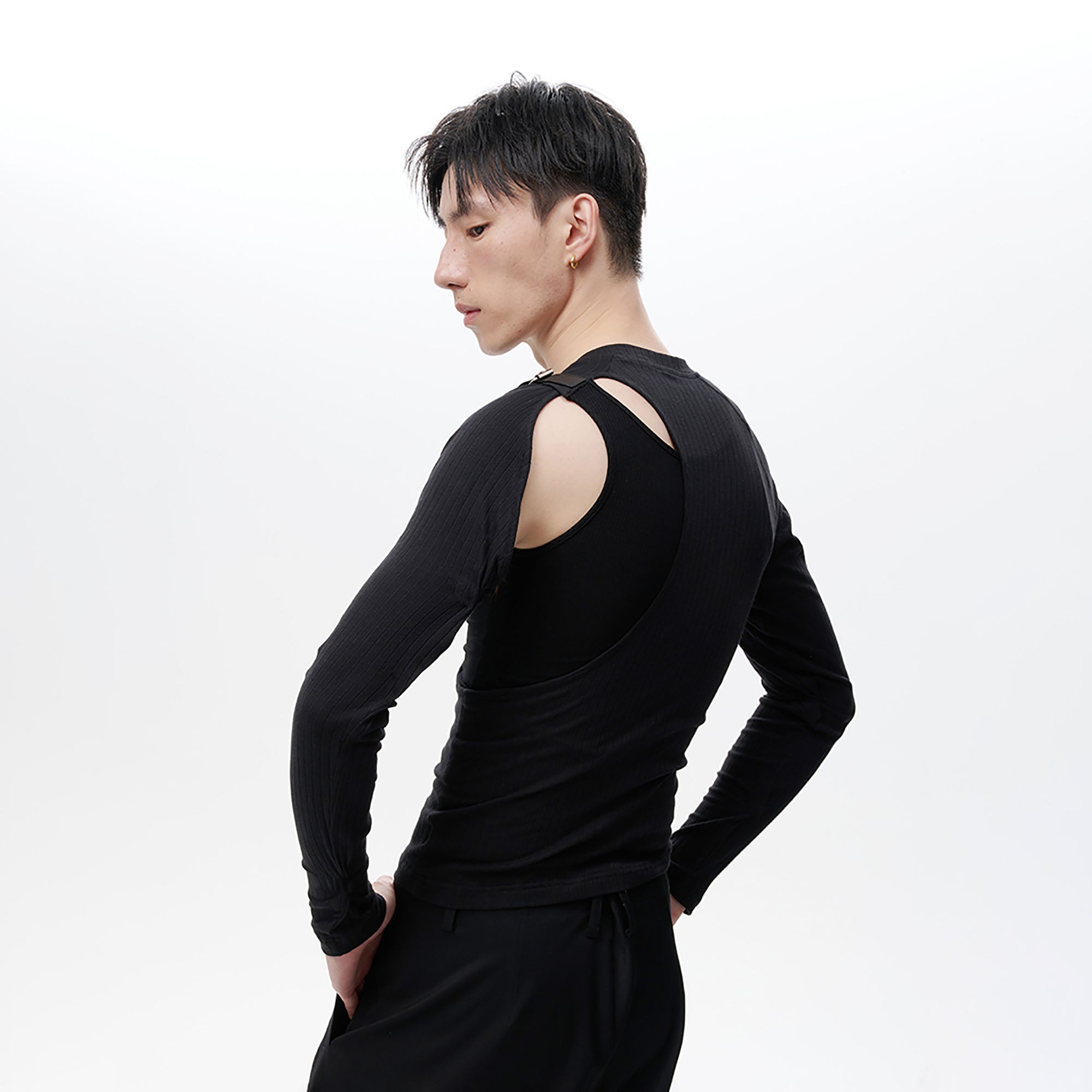 TUIMU Belted Cut-Out Ribbed Long-Sleeve Tee, premium urban and streetwear designers apparel on PROJECTISR.com, TUIMU