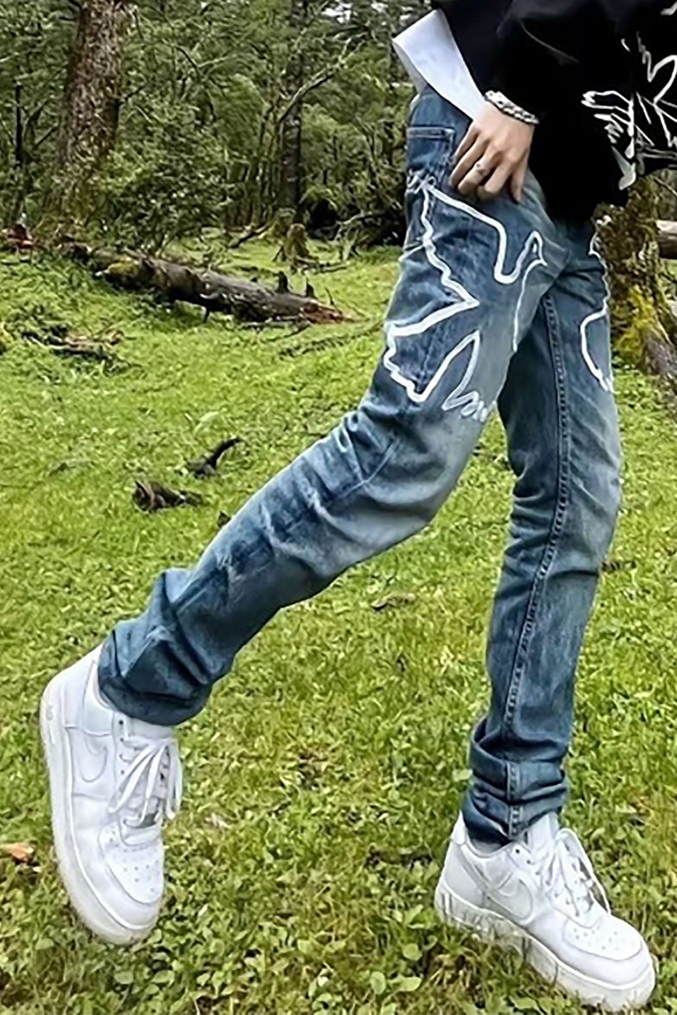 VINKID Dove Embroidered Distressed Stacked Jeans, premium urban and streetwear designers apparel on PROJECTISR.com, VINKID