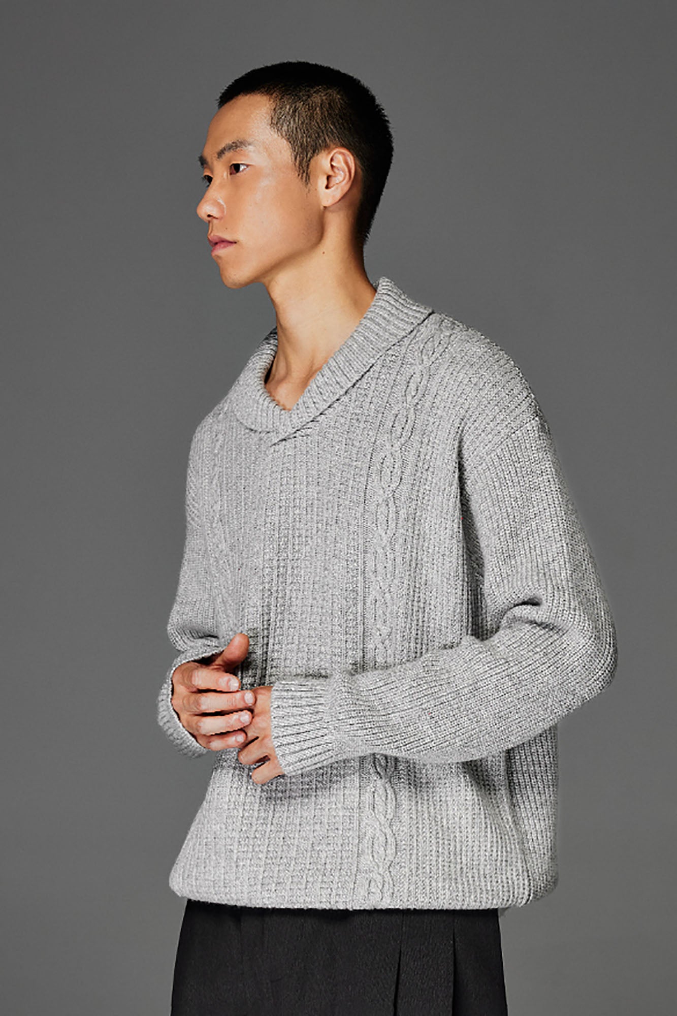 CATSSTAC Wool-Blend Shawl-Collar Cable Knit Sweater