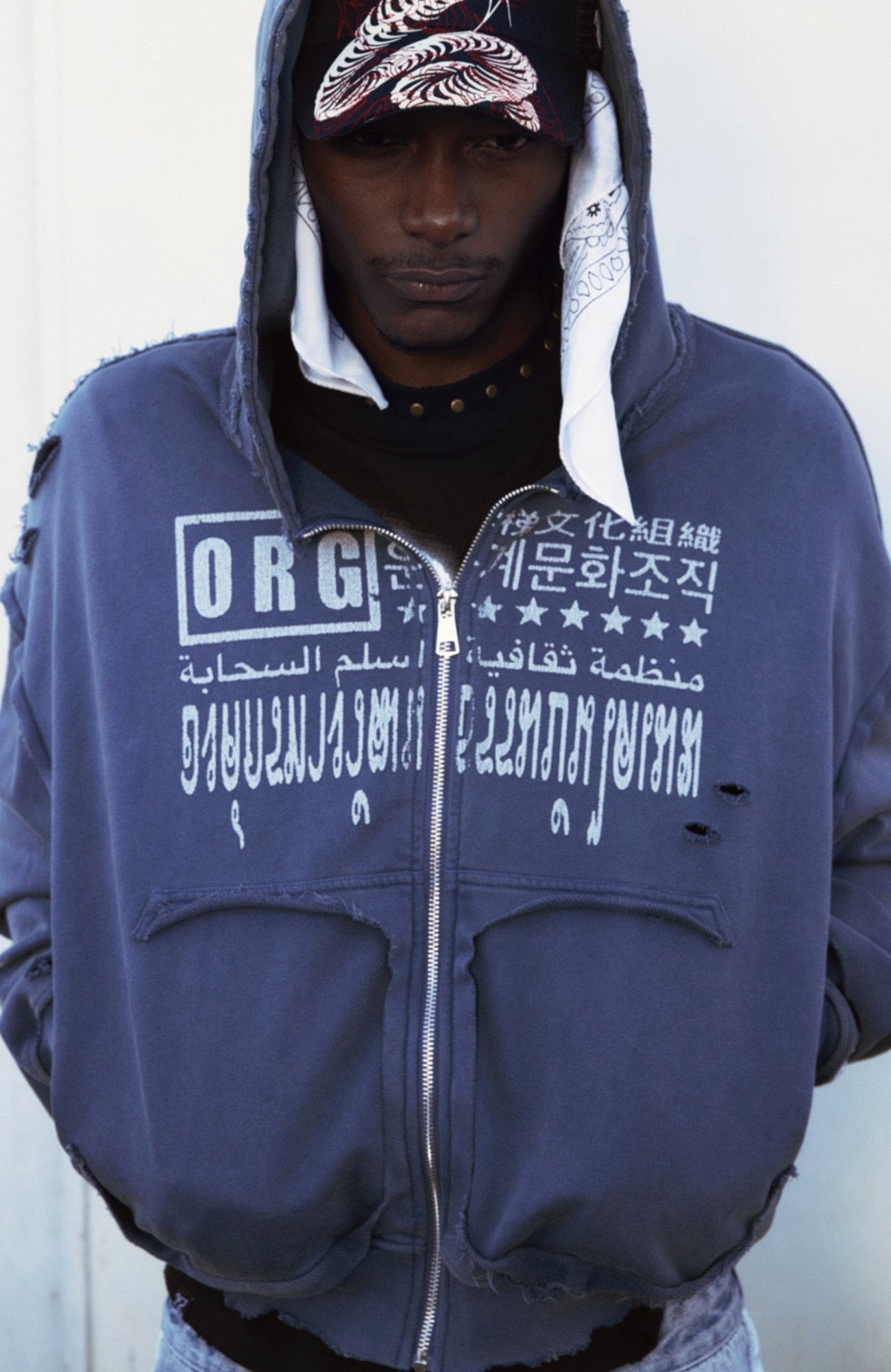 VINKID Distressed Graphic Zip-Up Hoodie