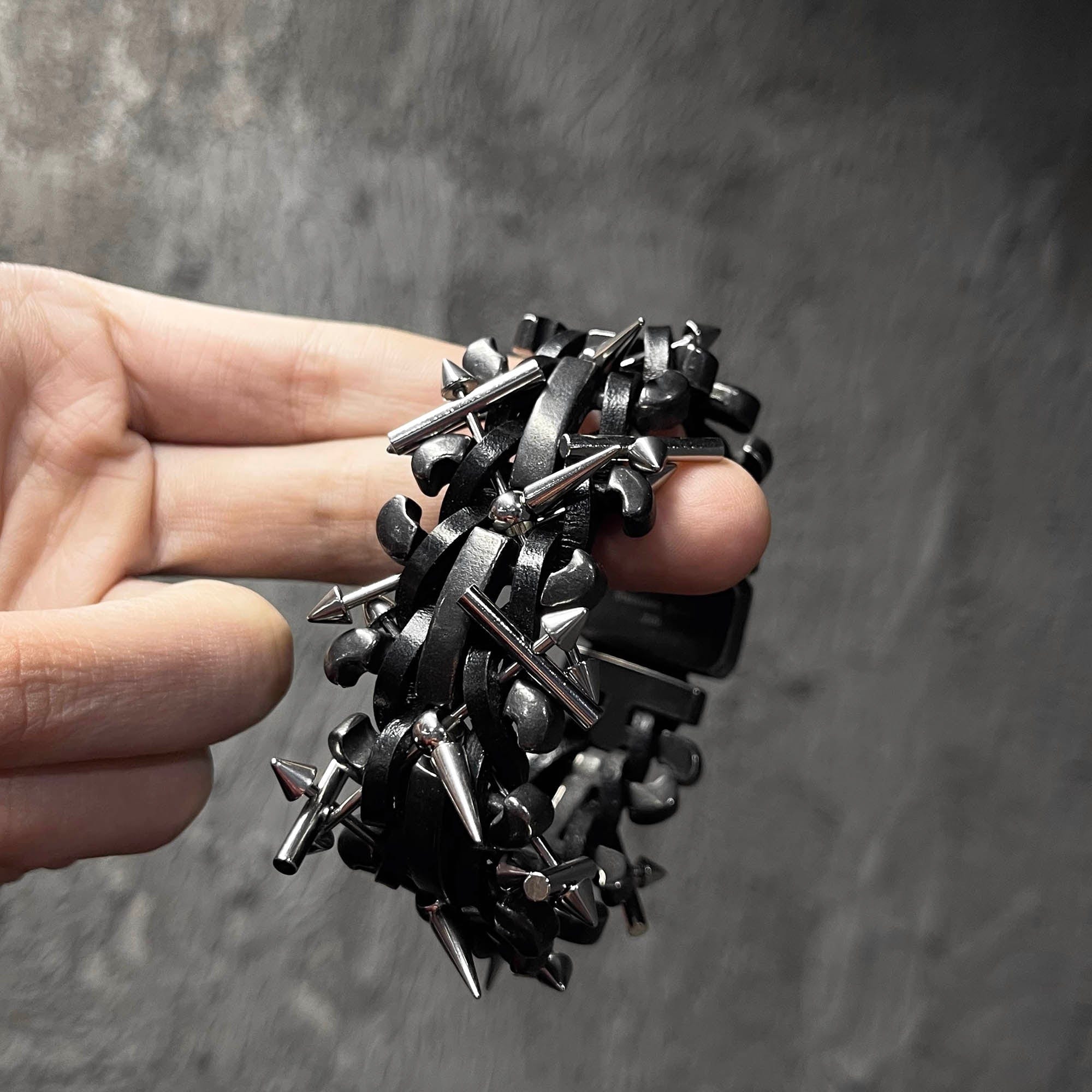 ILLUSORY Braided Spiked Leather Bracelet, premium urban and streetwear designers apparel on PROJECTISR.com, ILLUSORY