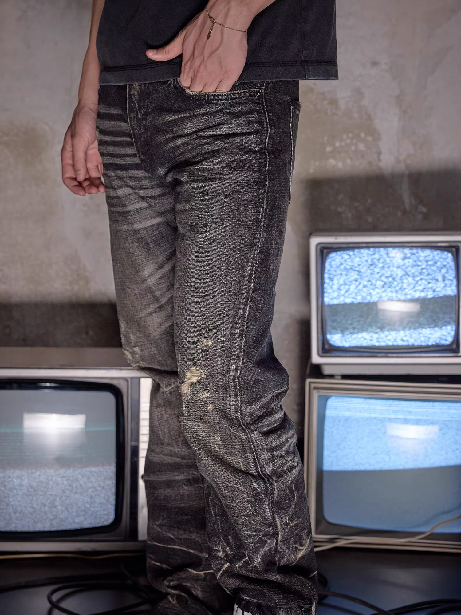NOTHINGNESS WORLD Distressed Ripple-Wash Graphic Denim Pants, premium urban and streetwear designers apparel on PROJECTISR.com, NOTHINGNESS WORLD
