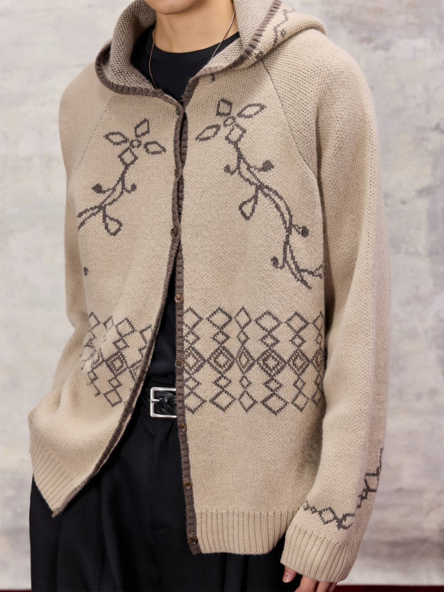 ALVNG AR ANTS Jacquard Floral Wool-Blend Hooded Cardigan