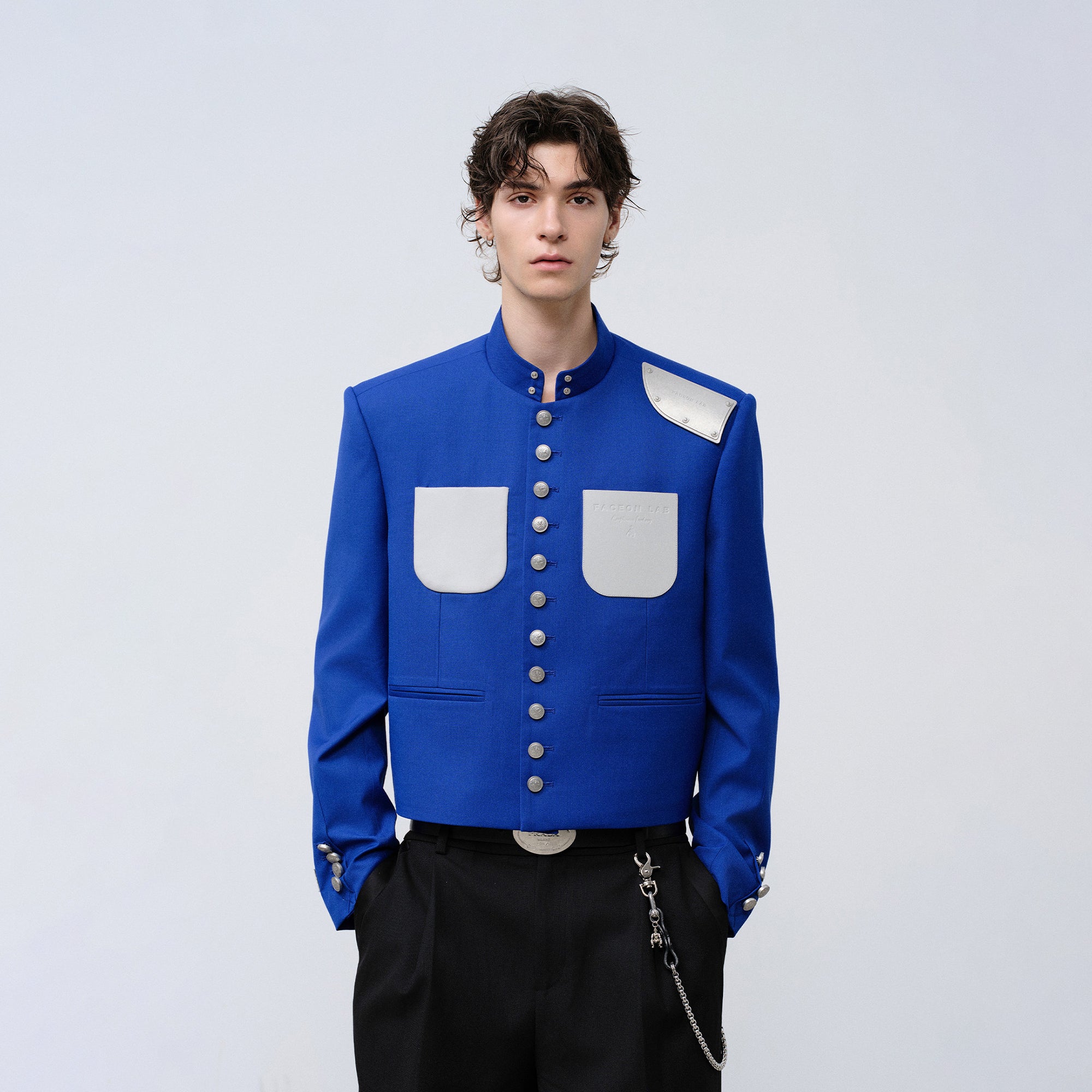 FACEONLAB Stand-Collar Metal-Shoulder Blazer Blue, premium urban and streetwear designers apparel on PROJECTISR.com, FACEONLAB