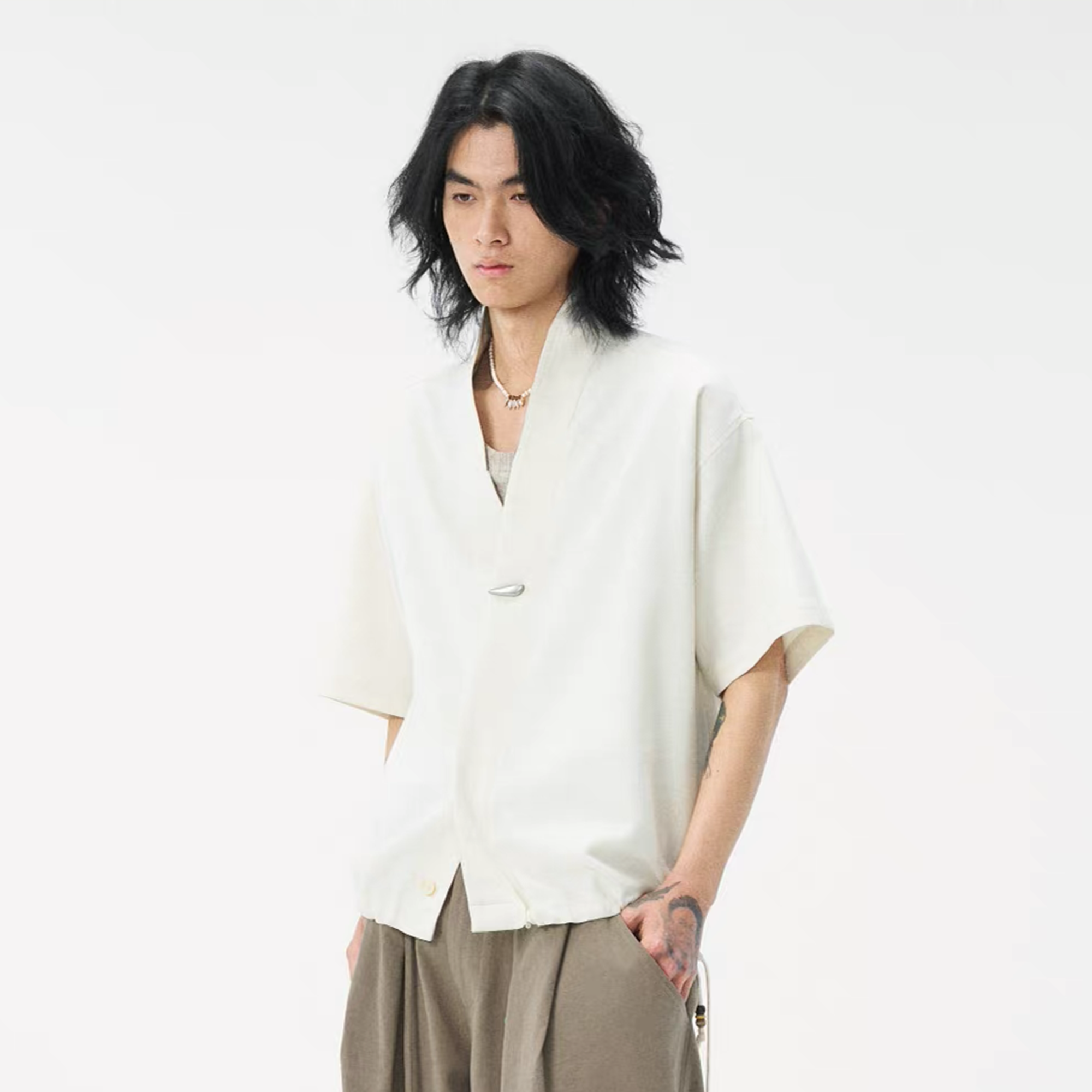 GONGHE REPUB Tencel-Linen Open-Collar Shirt, premium urban and streetwear designers apparel on PROJECTISR.com, GONGHE REPUB