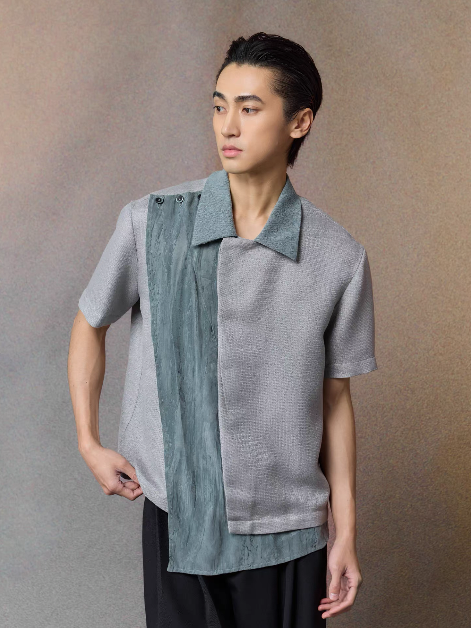 ALVNG AR ANTS Asymmetrical Contrast Spliced Linen Half Shirt, premium urban and streetwear designers apparel on PROJECTISR.com, ALVNG AR ANTS