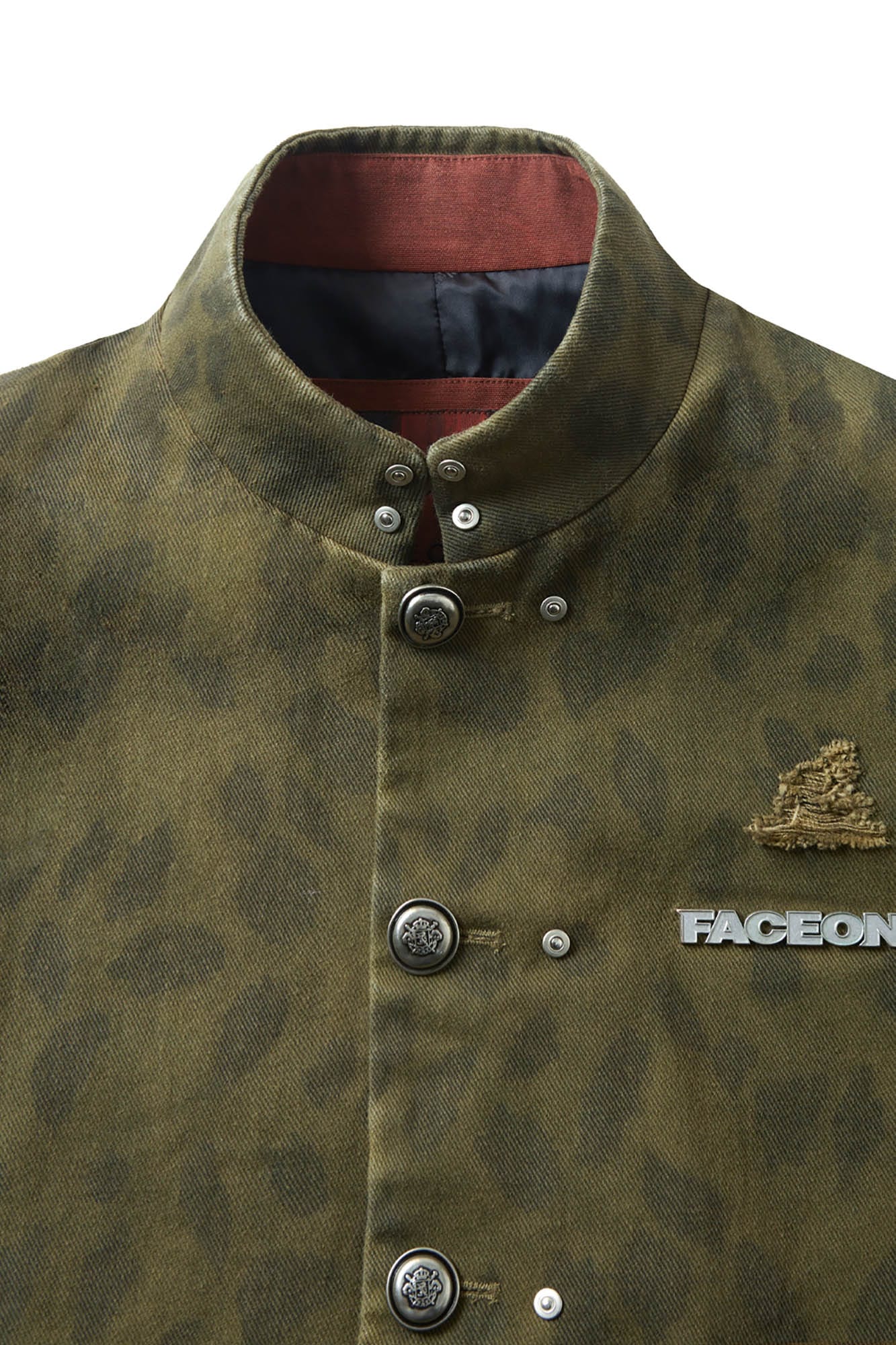 FACEONLAB Camo Leopard Ripped Stand Collar Jacket, premium urban and streetwear designers apparel on PROJECTISR.com, FACEONLAB