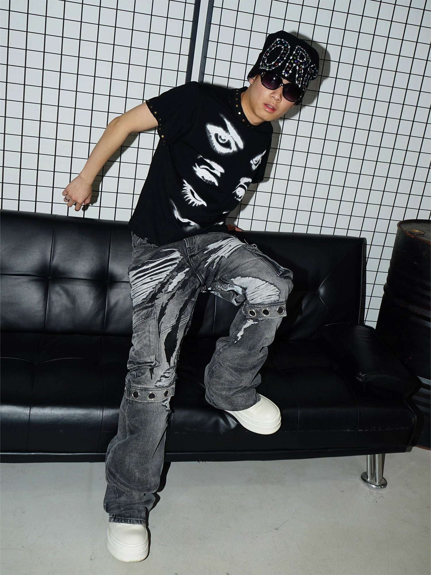 VINKID Distressed Grommet Strap Flared Jeans, premium urban and streetwear designers apparel on PROJECTISR.com, VINKID