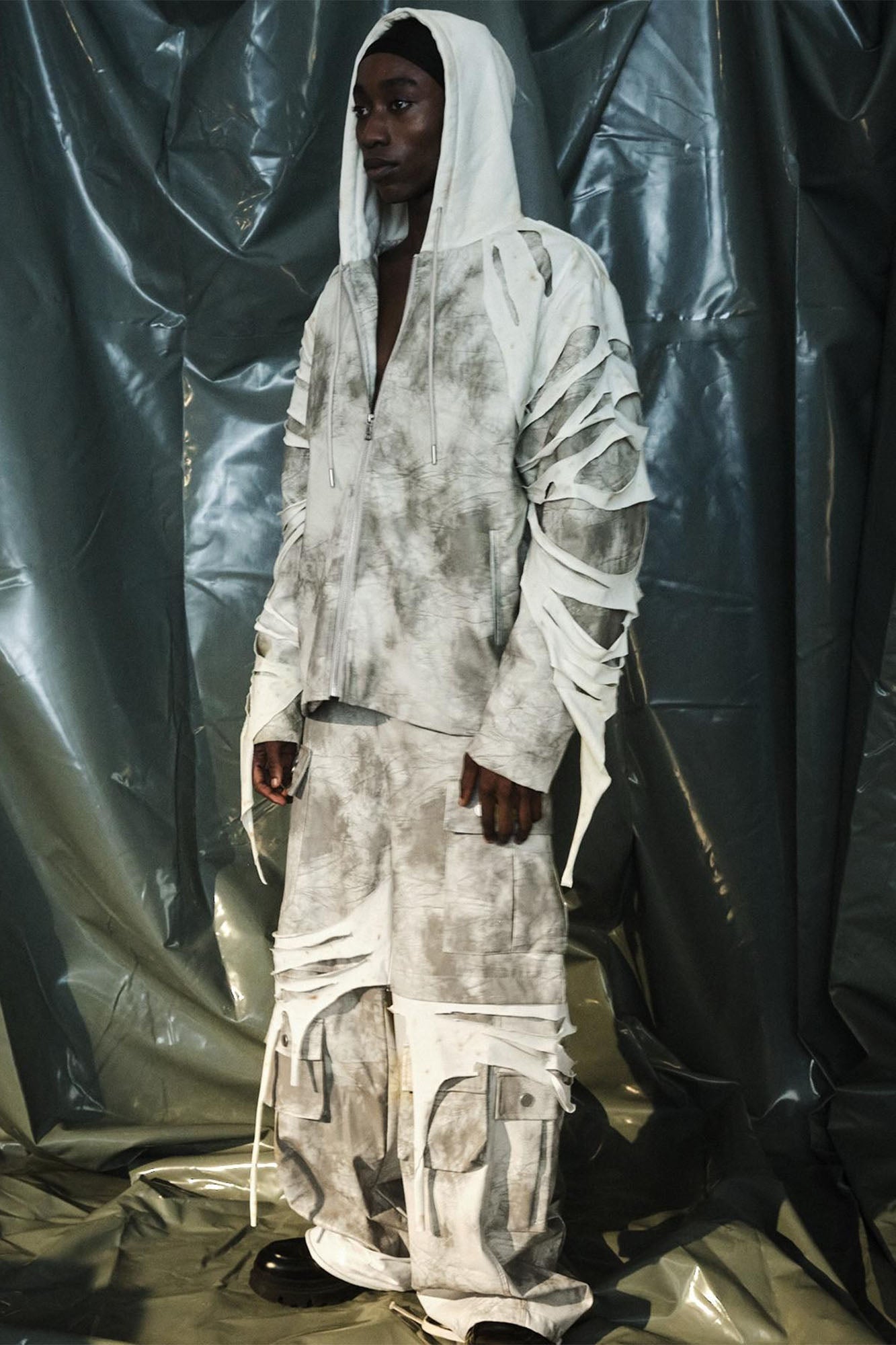RECOVER ZONE Distressed Slashed PU Layered Cargo Pants