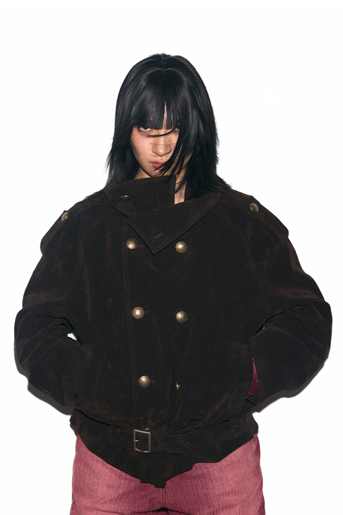 TRECLUB Velvet Double-Breasted Short Trench Jacket, premium urban and streetwear designers apparel on PROJECTISR.com, TRECLUB