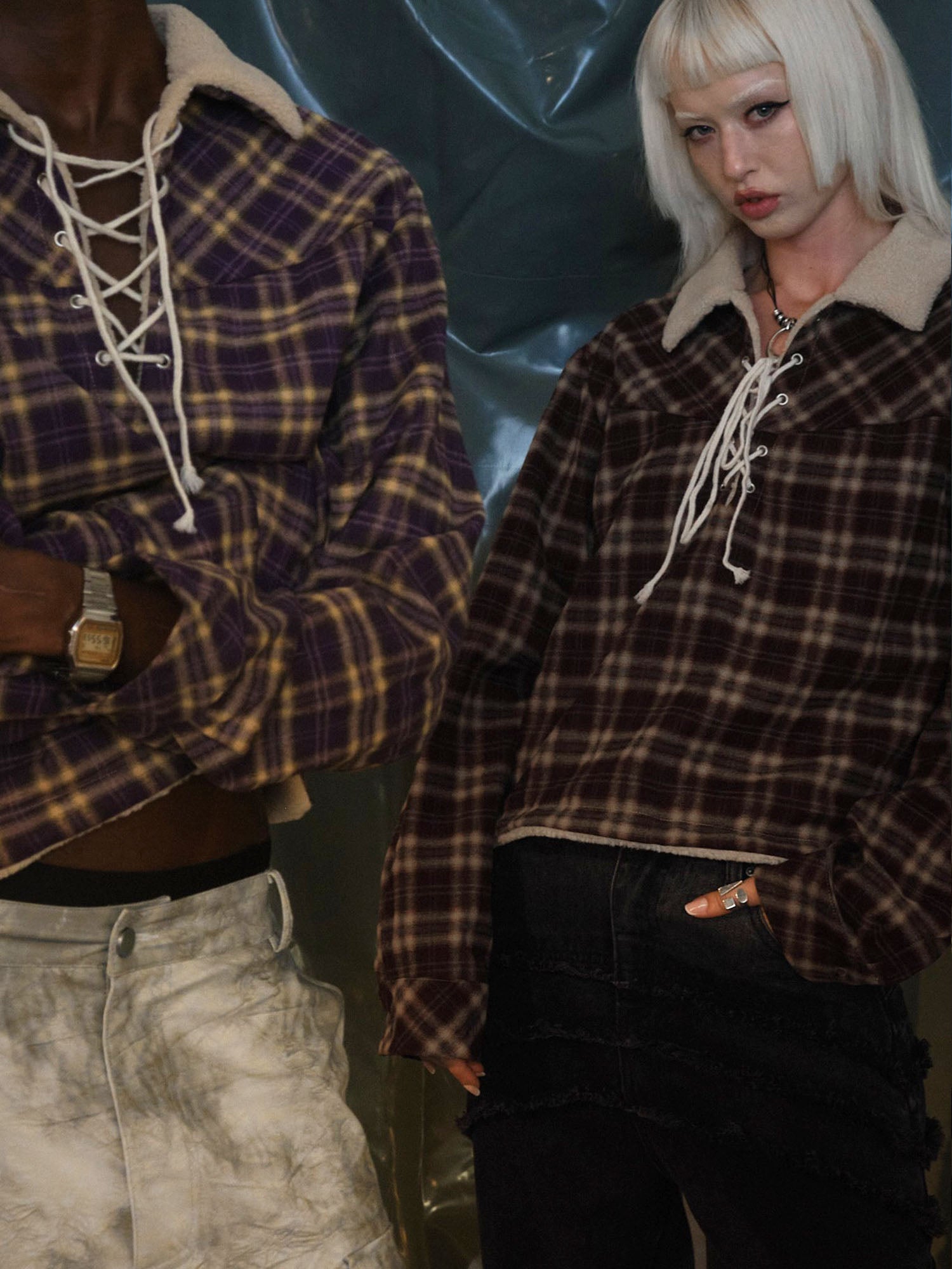 RECOVER ZONE Plaid Lace-Up Sherpa Sweatshirt