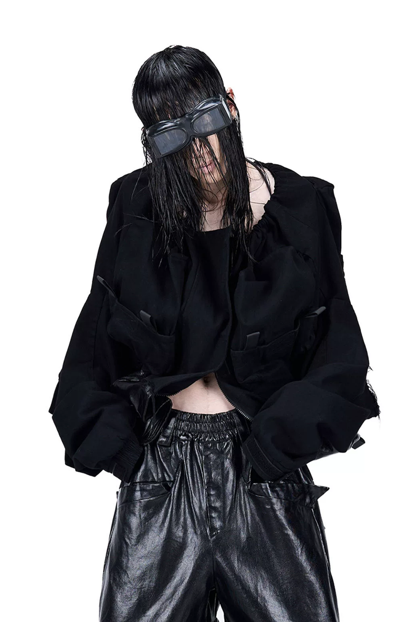 VANGUARDIA Spliced Coated Multi-Pocket Denim Jacket