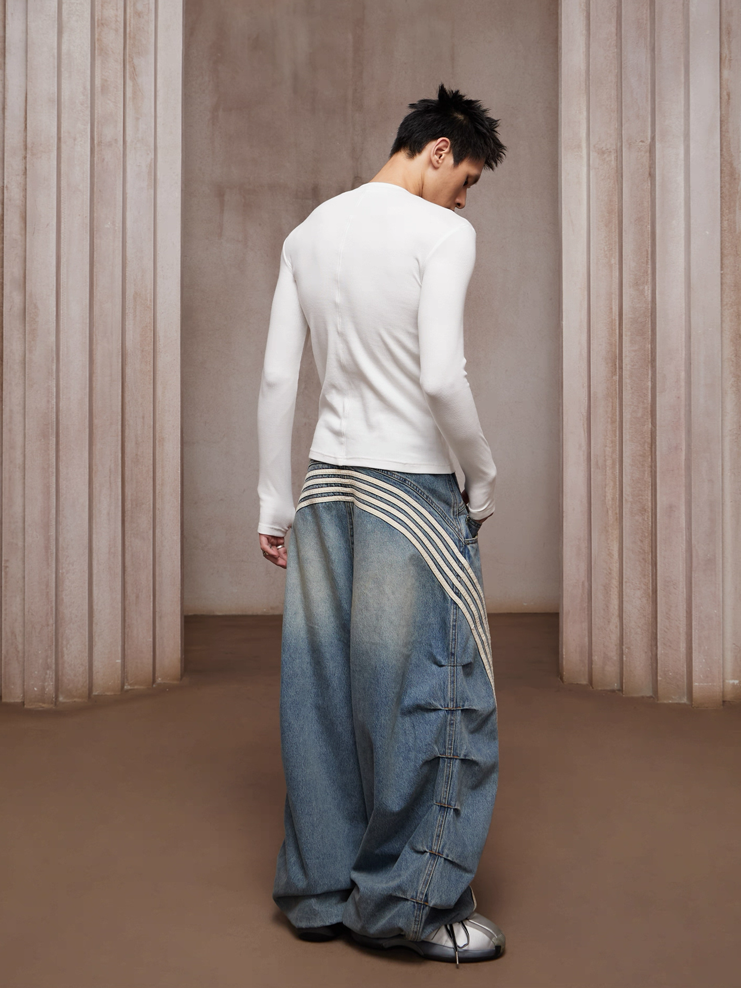 DND4DES Washed Ruched Striped Baggy Jeans