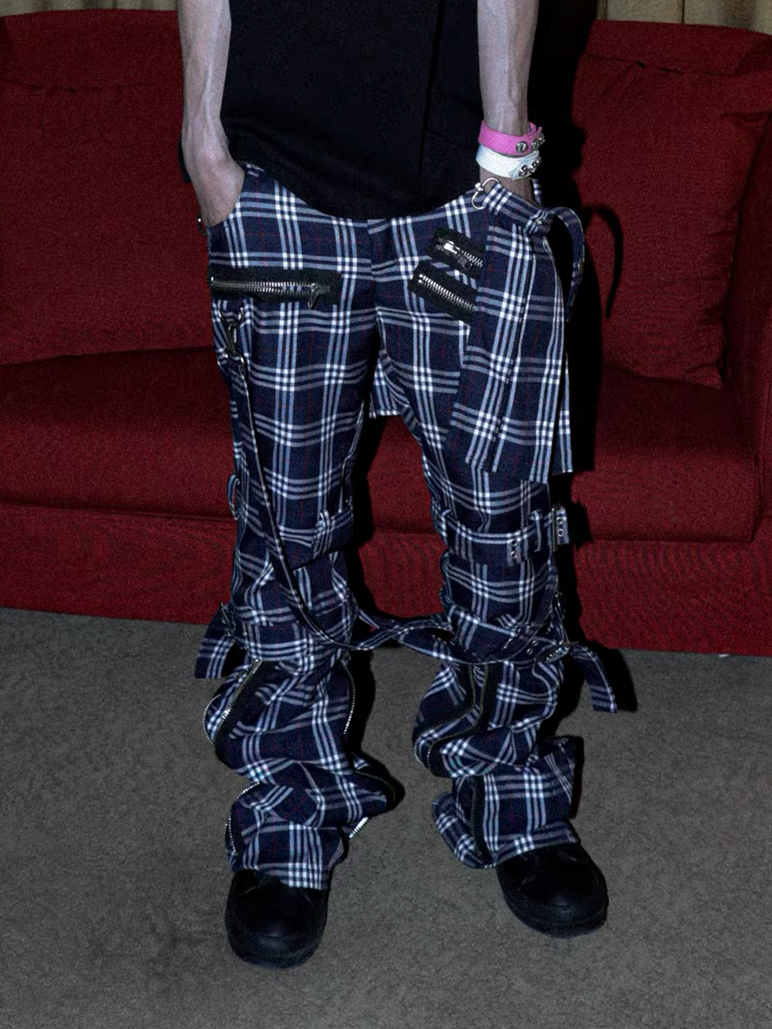 PCCVISION Detachable Skirt Panel Strap-Zip Plaid Flared Pants, premium urban and streetwear designers apparel on PROJECTISR.com, PCCVISION