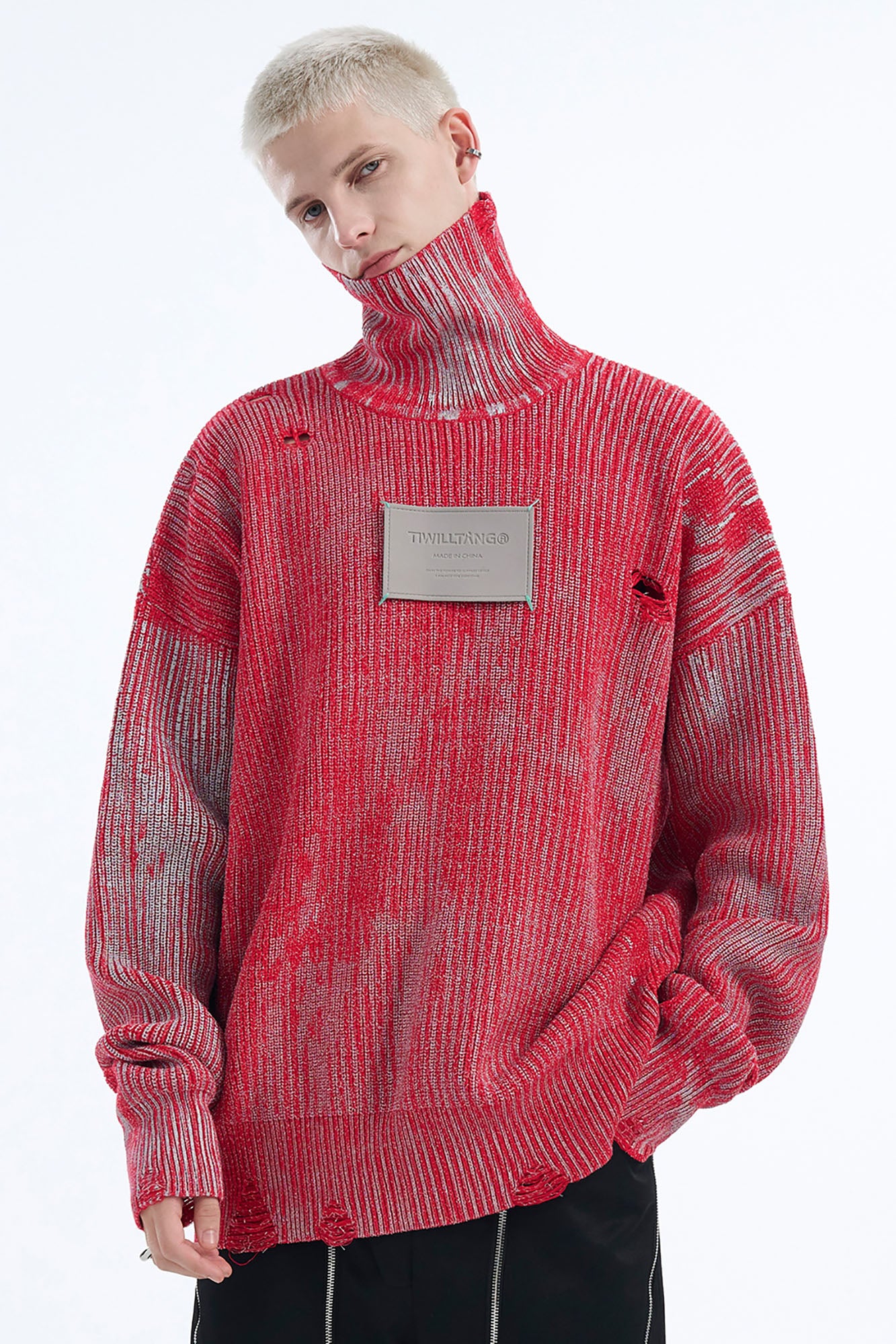 TIWILLTANG Distressed Foil High-Neck Sweater