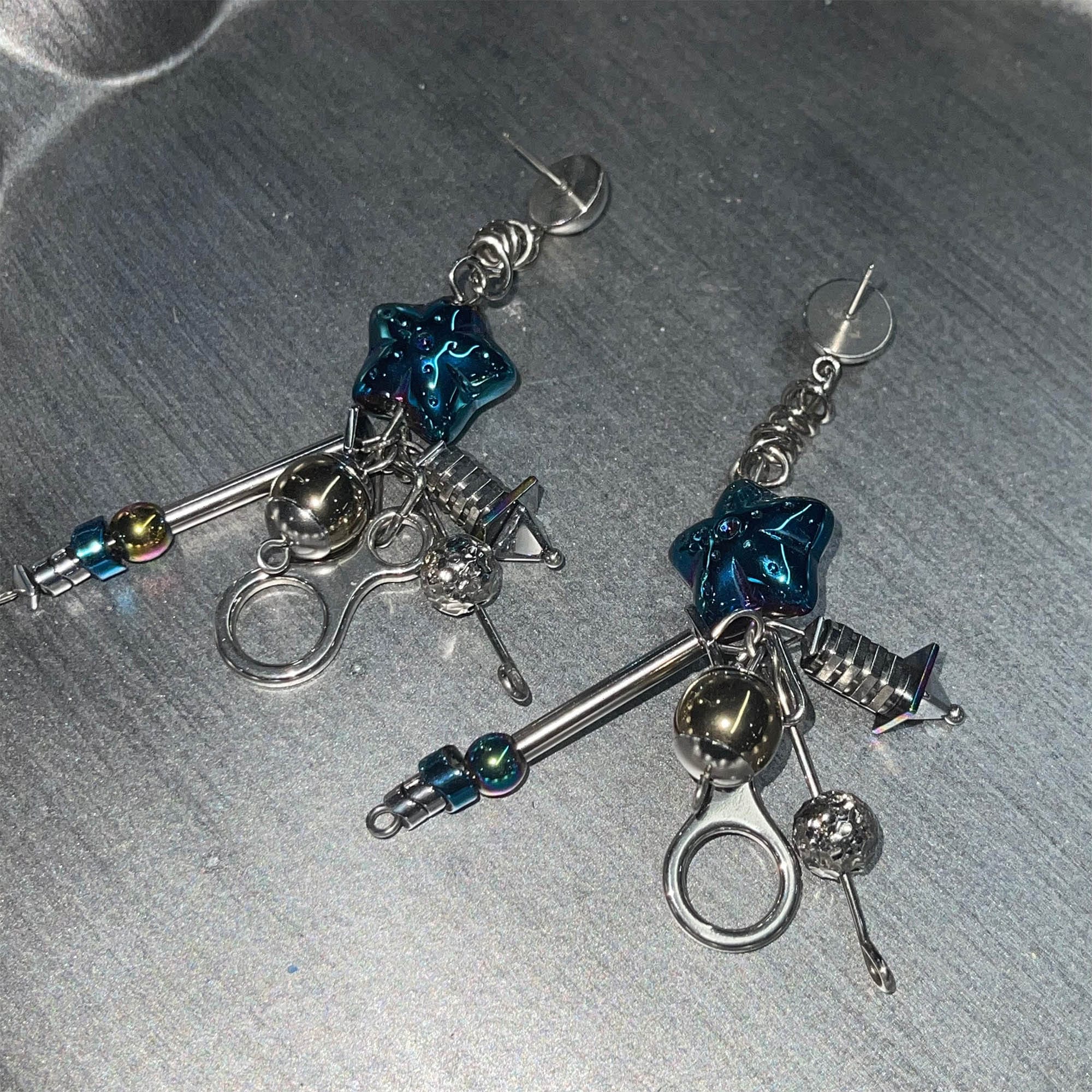 ILLUSORY Space Odyssey Industrial Drop Earrings/ Ear Clip Blue, premium urban and streetwear designers apparel on PROJECTISR.com, ILLUSORY