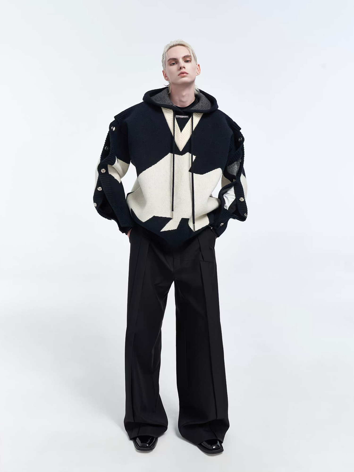 TIWILLTANG Contrast Layered Snap-Sleeves Knit Hoodie, premium urban and streetwear designers apparel on PROJECTISR.com, TIWILLTANG