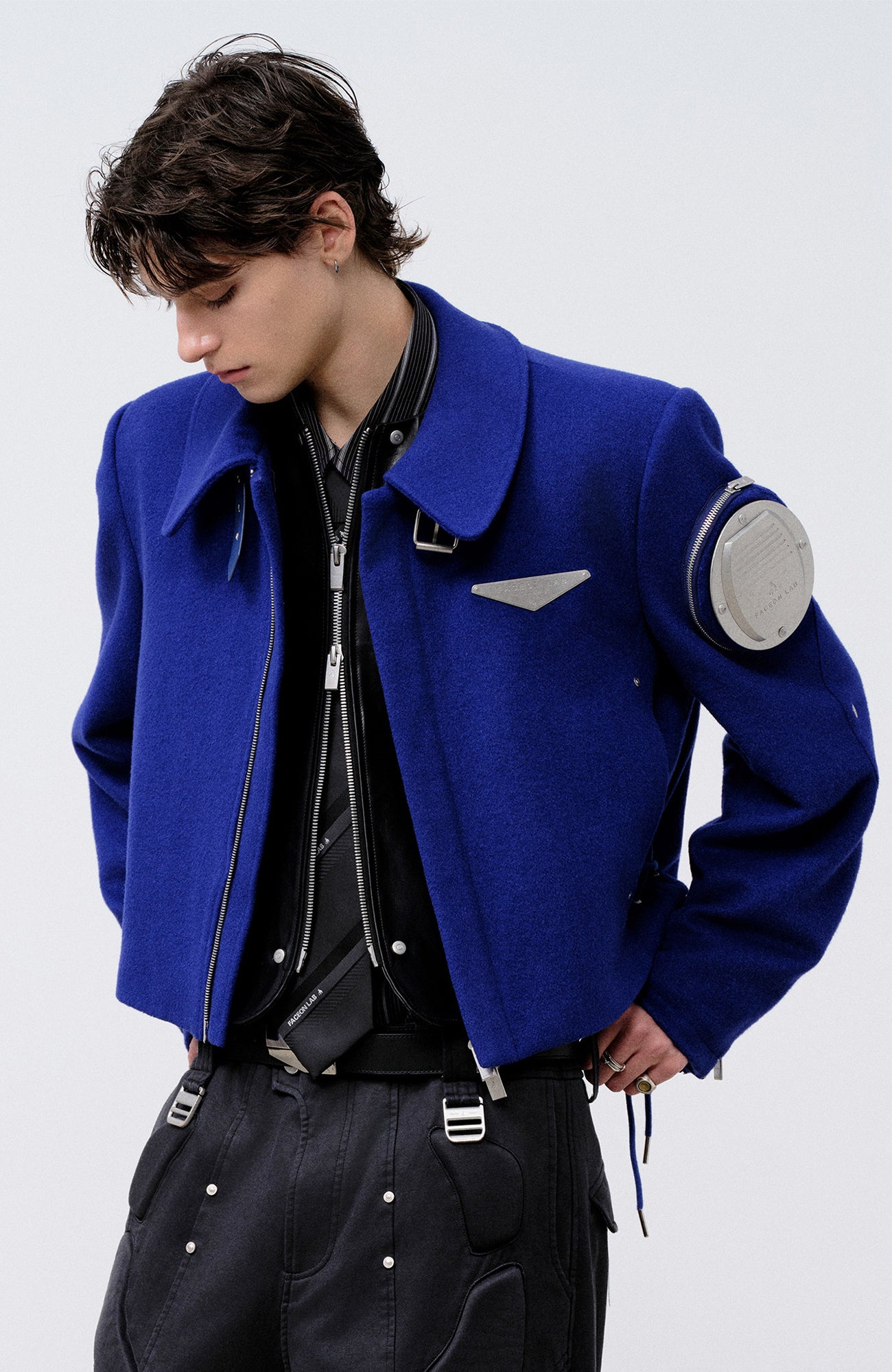 FACEONLAB Arm-Patched Cropped Naval Jacket Blue, premium urban and streetwear designers apparel on PROJECTISR.com, FACEONLAB