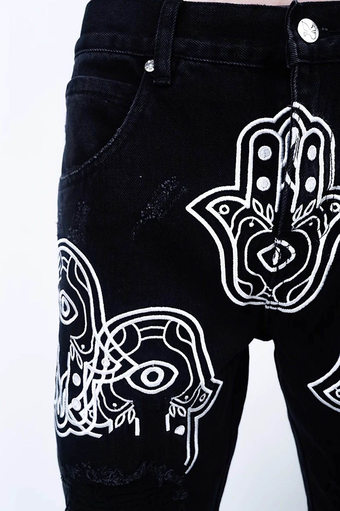 VINKID Hamsa Embroidered Double-Layer Ripped Stacked Jeans, premium urban and streetwear designers apparel on PROJECTISR.com, VINKID