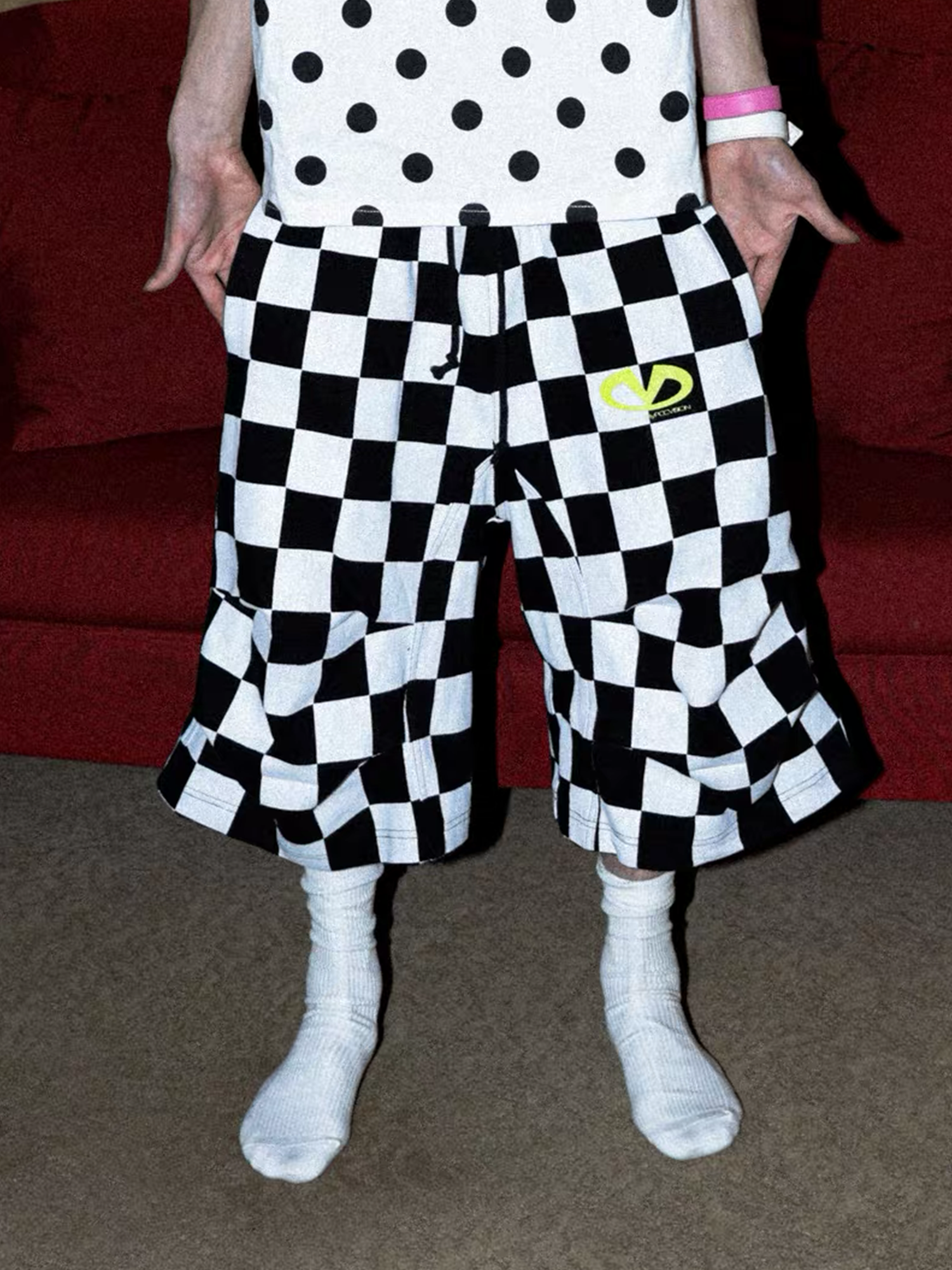 PCCVISION Checkerboard Pleated Baggy Shorts, premium urban and streetwear designers apparel on PROJECTISR.com, PCCVISION