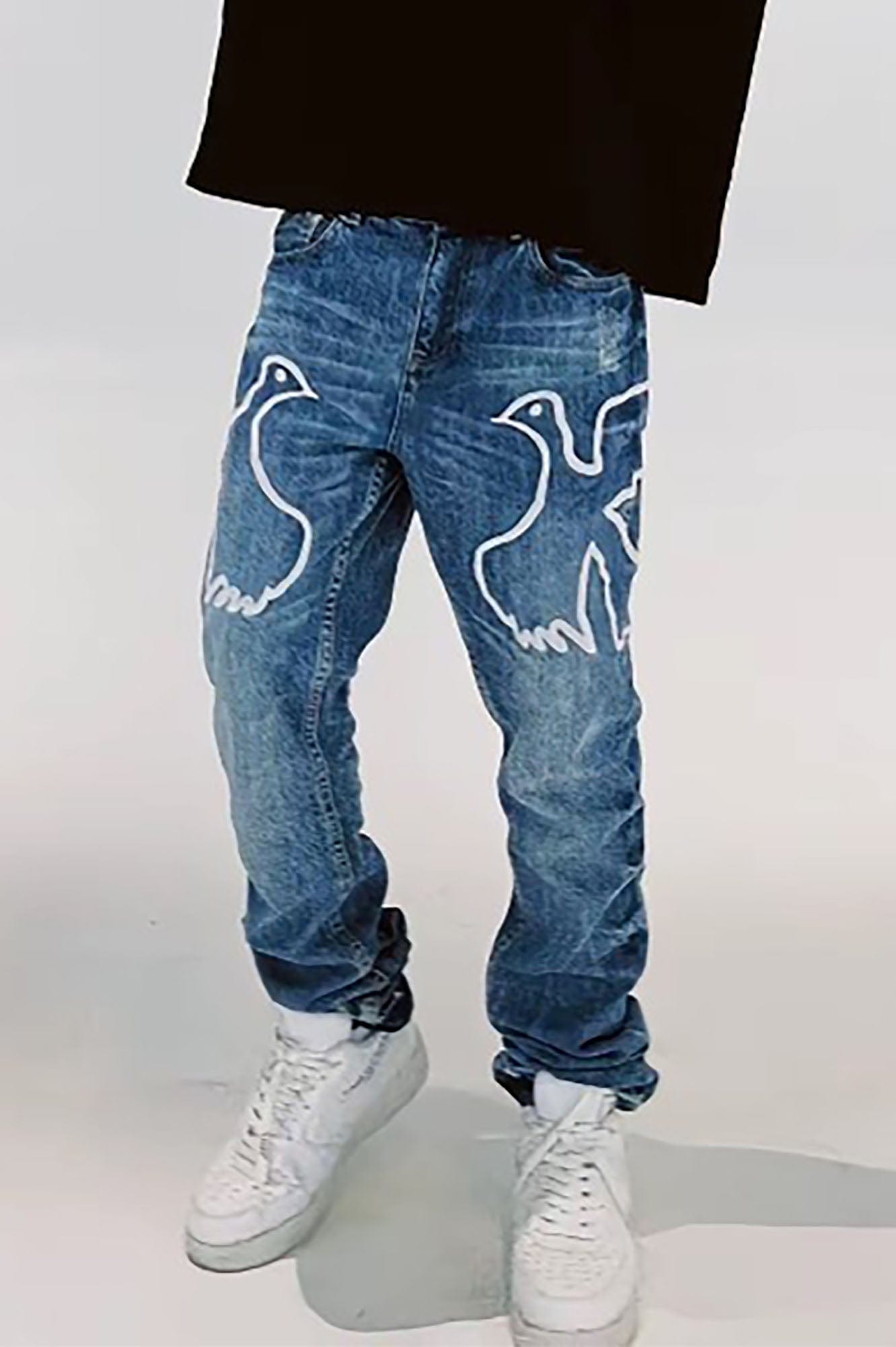 VINKID Dove Embroidered Distressed Stacked Jeans, premium urban and streetwear designers apparel on PROJECTISR.com, VINKID