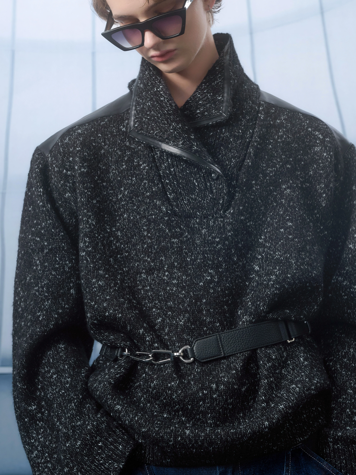 TIWILLTANG Spliced Faux Leather Dot-Yarn Fold Collar Sweater