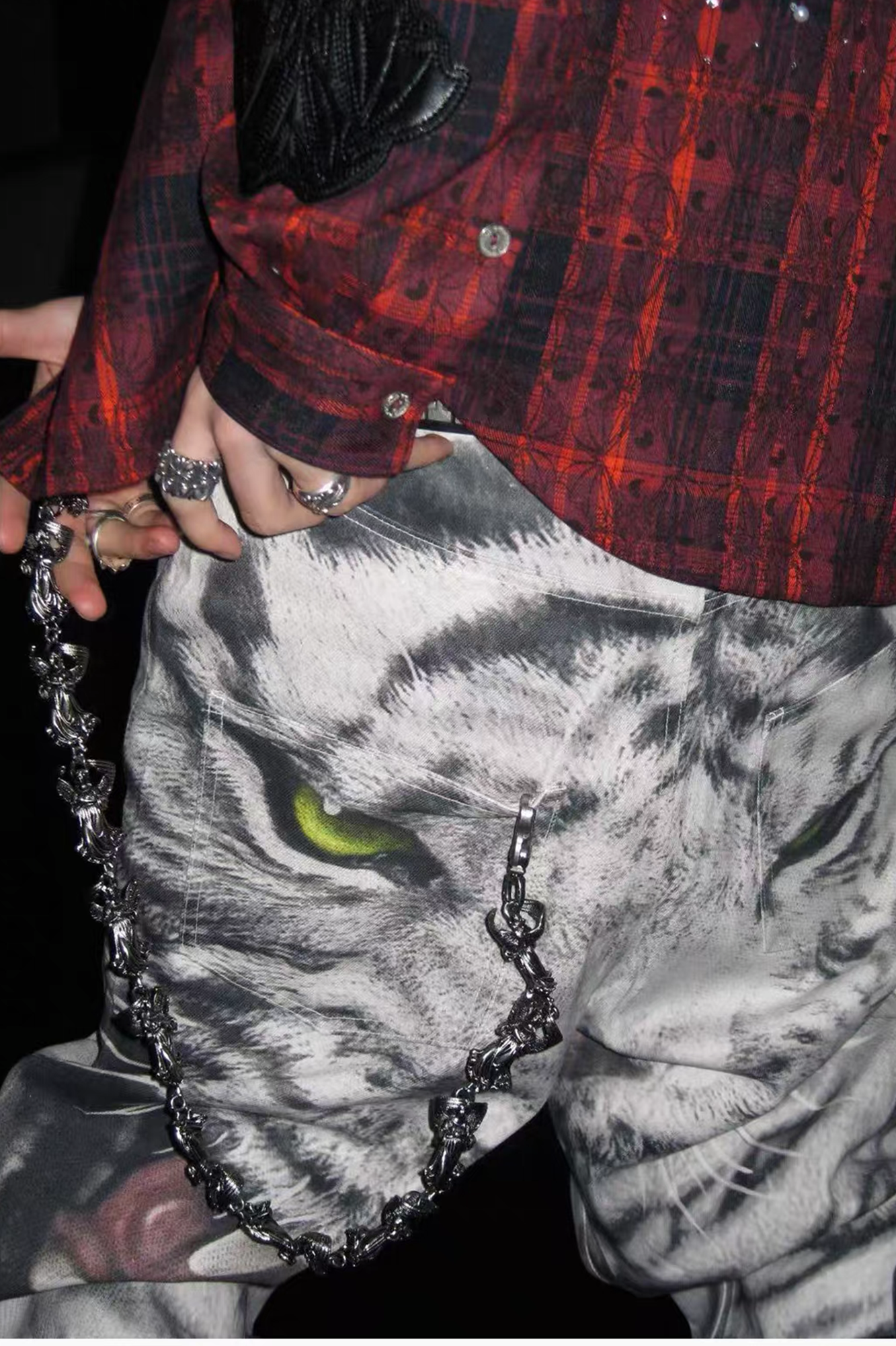 TECNINEGROUP Waxed White Tiger Full-Print Pants