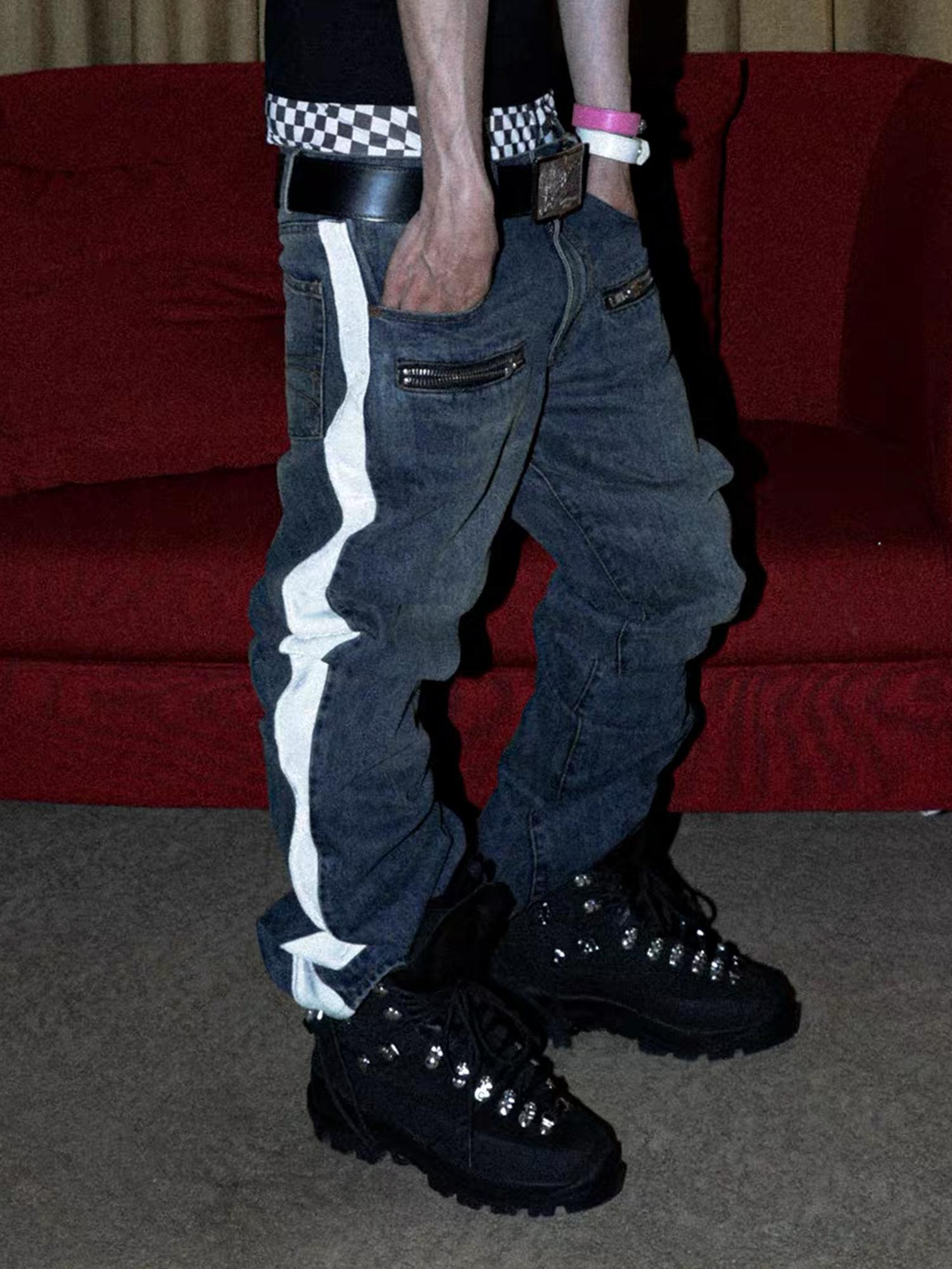 PCCVISION Contrast Side-Stripe Washed Jeans, premium urban and streetwear designers apparel on PROJECTISR.com, PCCVISION