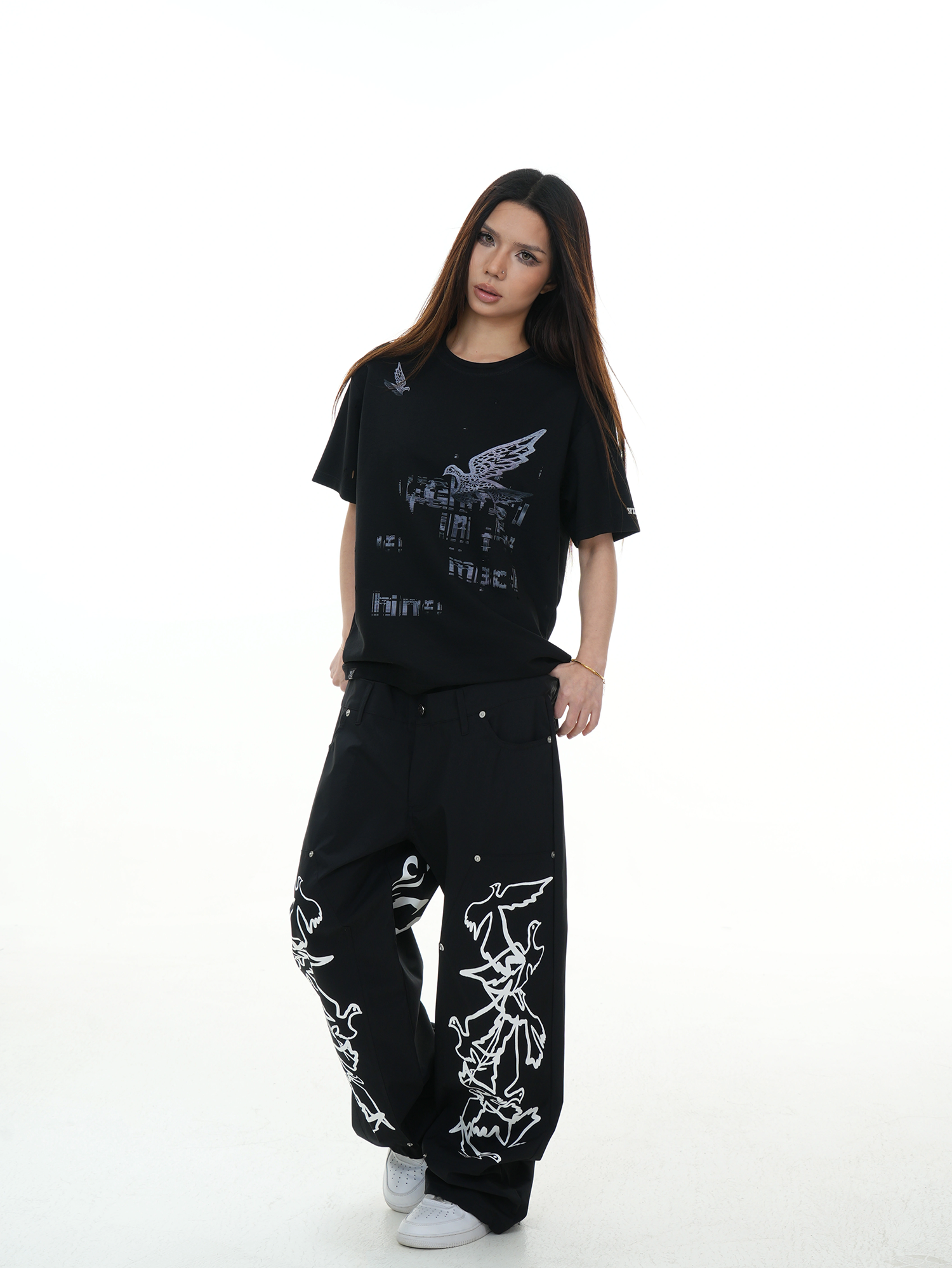 VINKID Peace Dove Graphic Double-Waist Pants