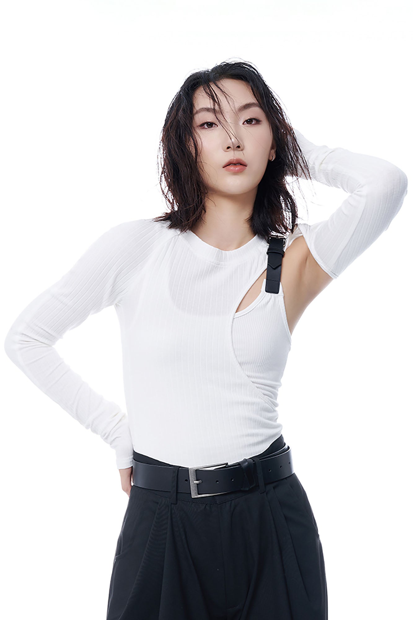 TUIMU Belted Cut-Out Ribbed Long-Sleeve Tee, premium urban and streetwear designers apparel on PROJECTISR.com, TUIMU