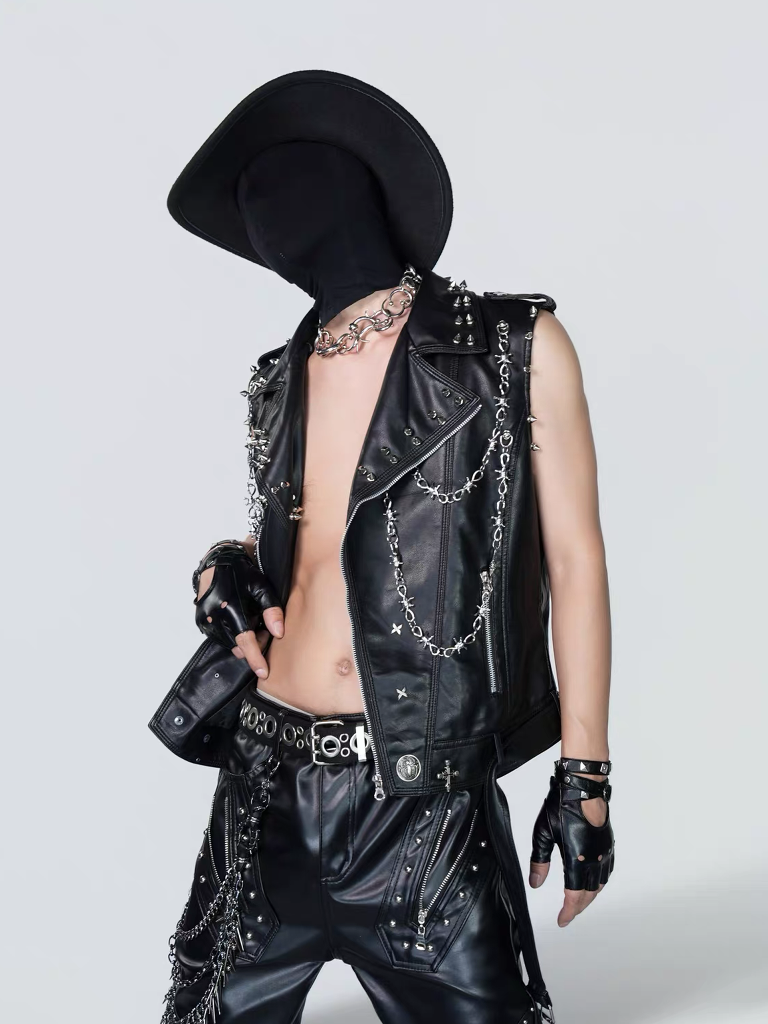 VE2 Thorn Chain Studded Faux Leather Biker Vest