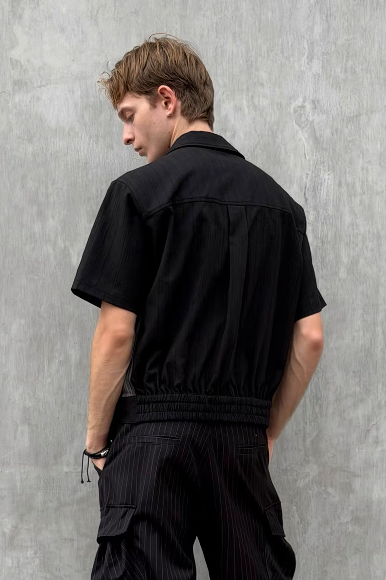ESAIAS Jacquard Pinstripe Asymmetrical Paneled Half Shirt