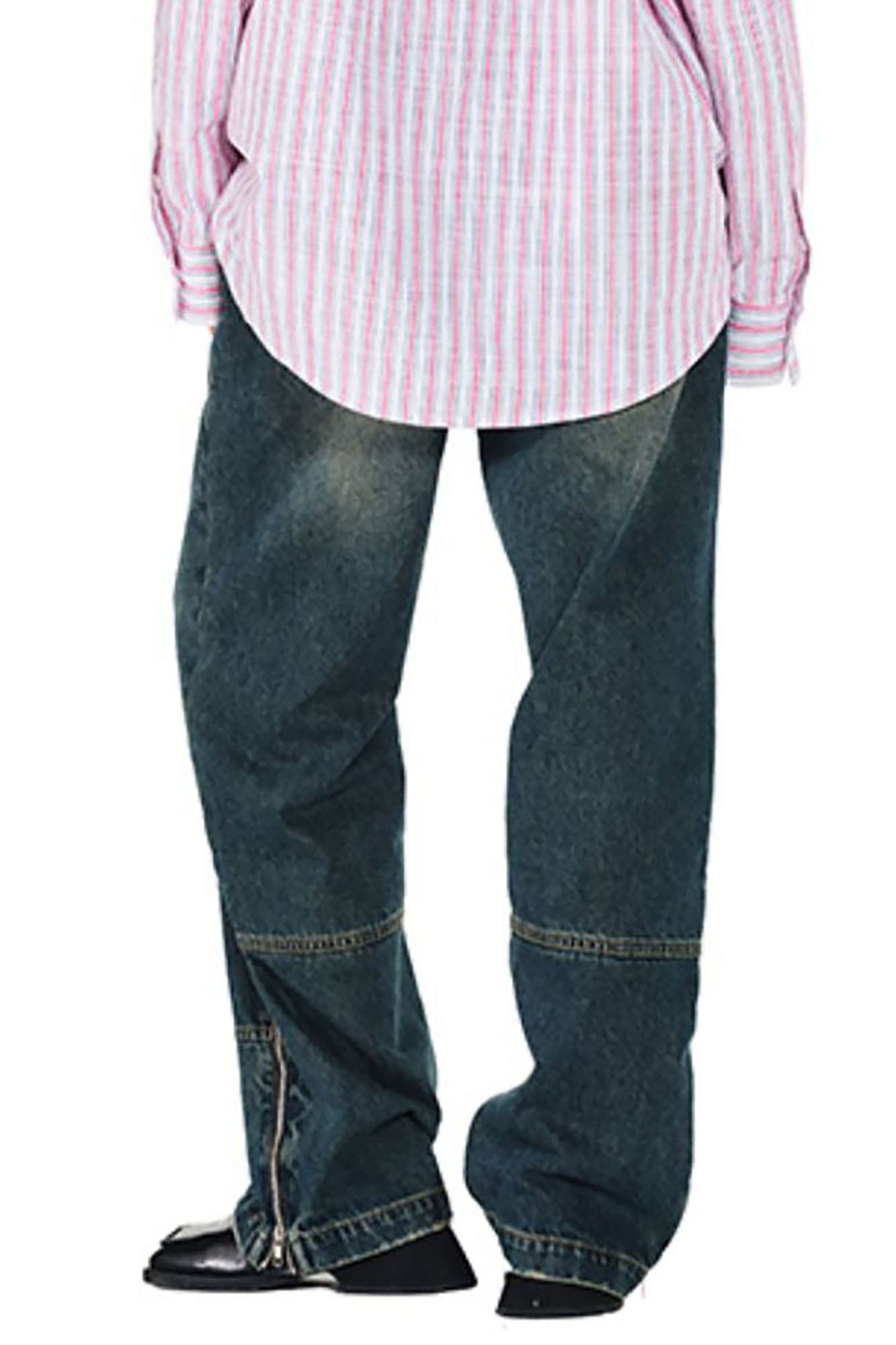 OVERLAPS Washed Knee-Seam Zippered Hem Jeans, premium urban and streetwear designers apparel on PROJECTISR.com, OVERLAPS