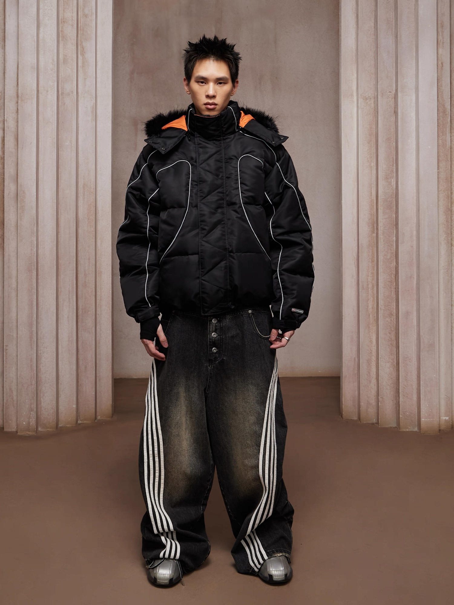 DND4DES Washed Ruched Striped Baggy Jeans