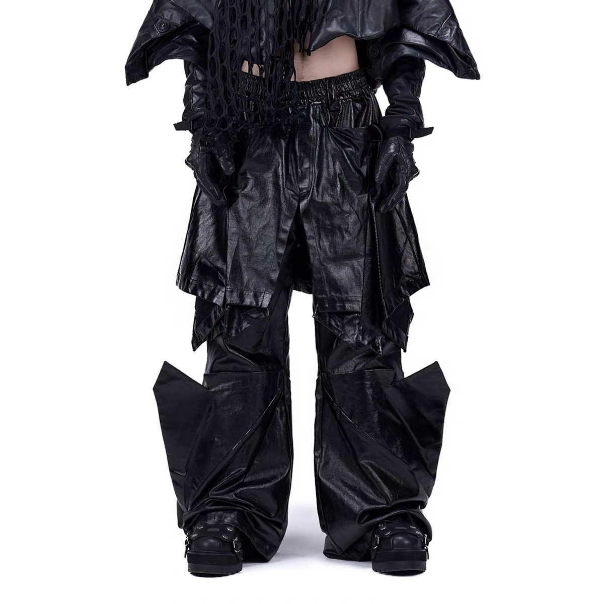 VANGUARDIA Deconstructed Layered Coated Denim Flared Pants