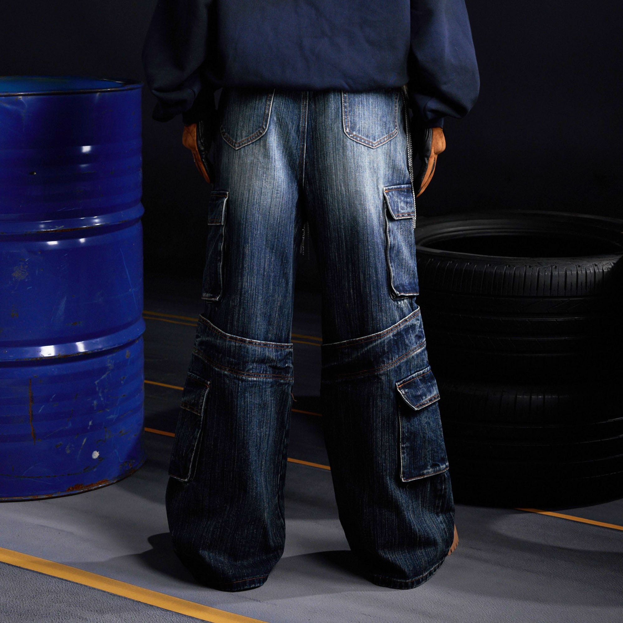 RECOVER ZONE Multi-Pocket Wide-Leg Utility Jeans, premium urban and streetwear designers apparel on PROJECTISR.com, RECOVER ZONE