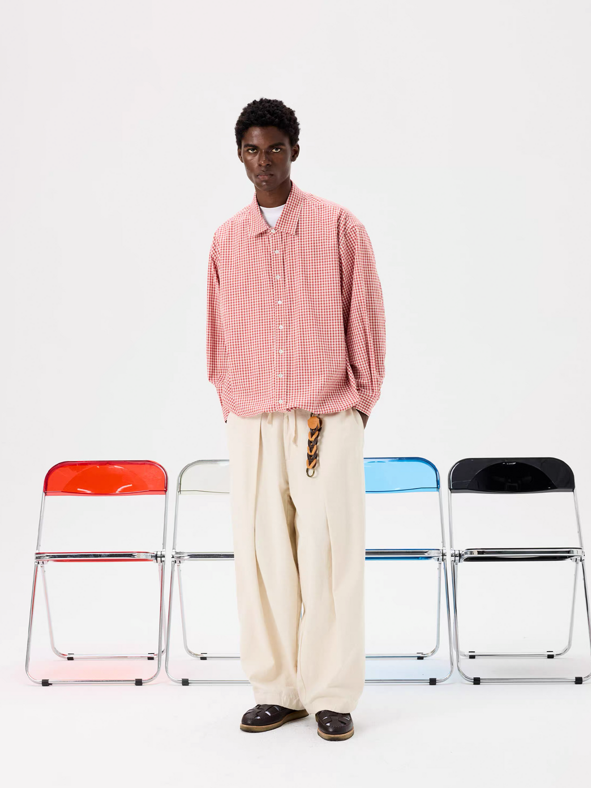 UNLIMITED MOTE Pleated Balloon Drawstring Plaid Long-Sleeve Shirt, premium urban and streetwear designers apparel on PROJECTISR.com, UNLIMITED MOTE