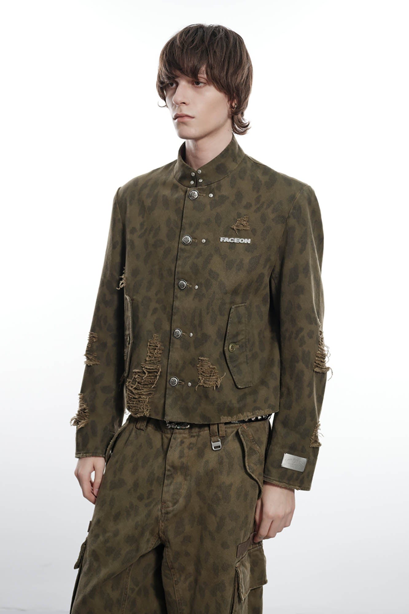 FACEONLAB Camo Leopard Ripped Stand Collar Jacket, premium urban and streetwear designers apparel on PROJECTISR.com, FACEONLAB