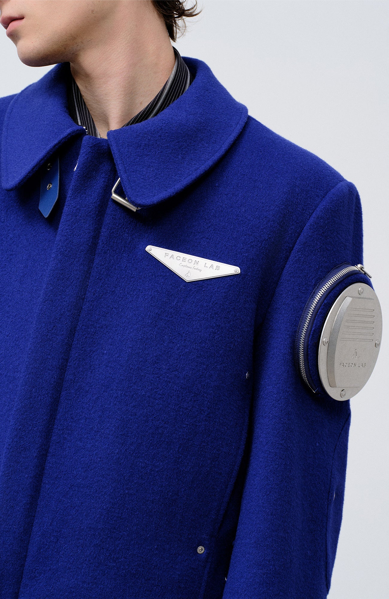 FACEONLAB Arm-Patched Cropped Naval Jacket Blue, premium urban and streetwear designers apparel on PROJECTISR.com, FACEONLAB