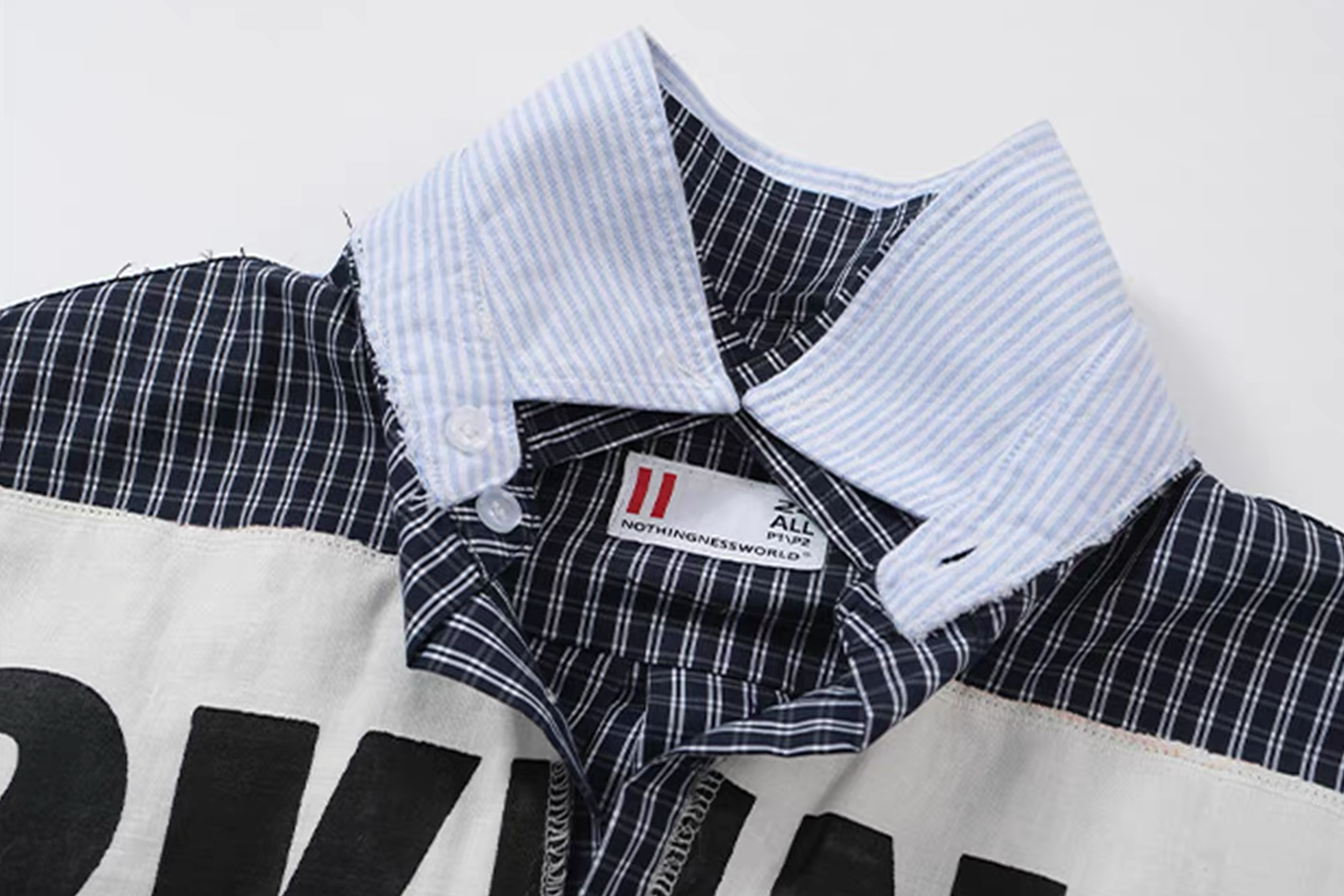 NOTHINGNESS WORLD Deconstructed Layered Graphic Spliced Shirt, premium urban and streetwear designers apparel on PROJECTISR.com, NOTHINGNESS WORLD