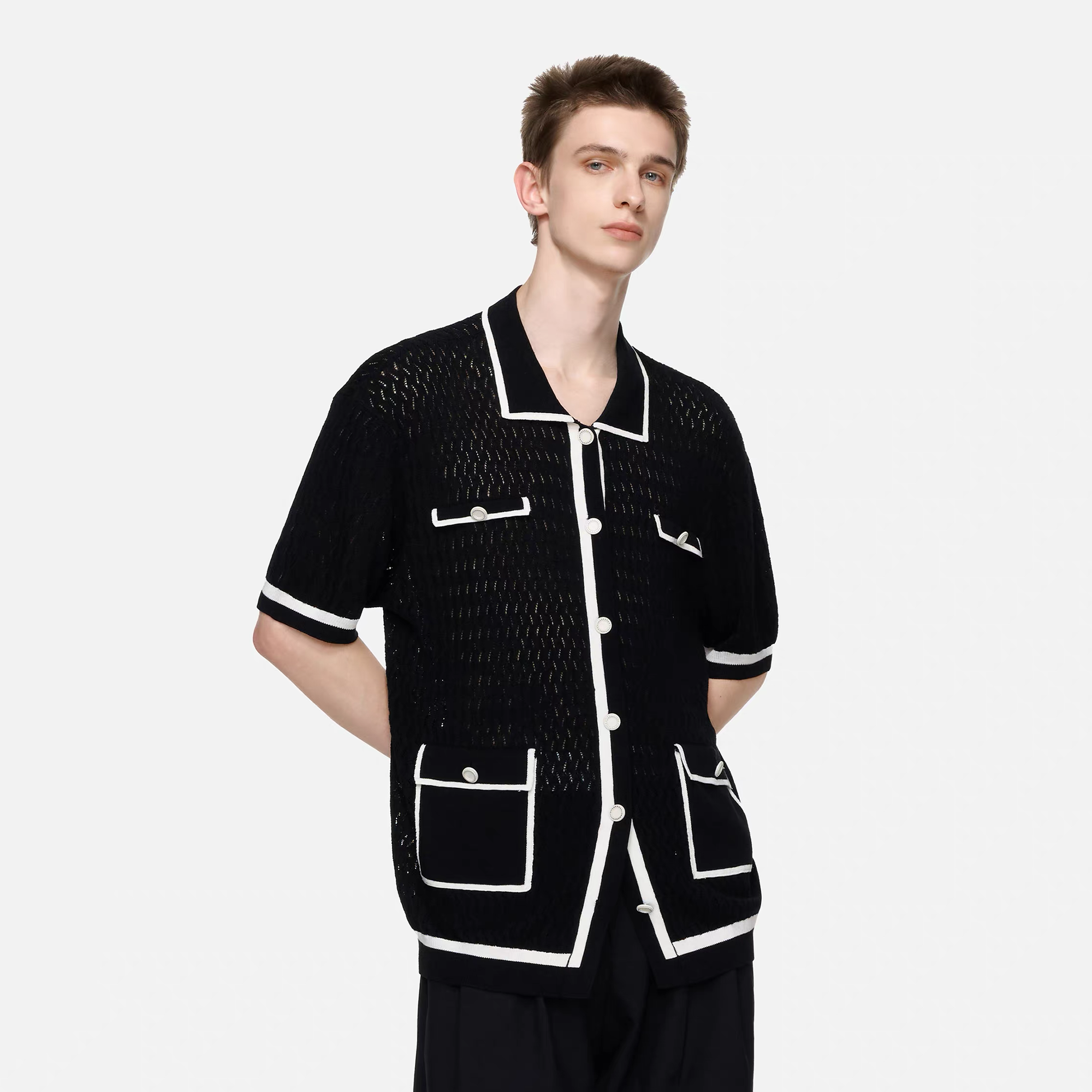 TIWILLTANG Contrast Trim Knitted Half Shirt