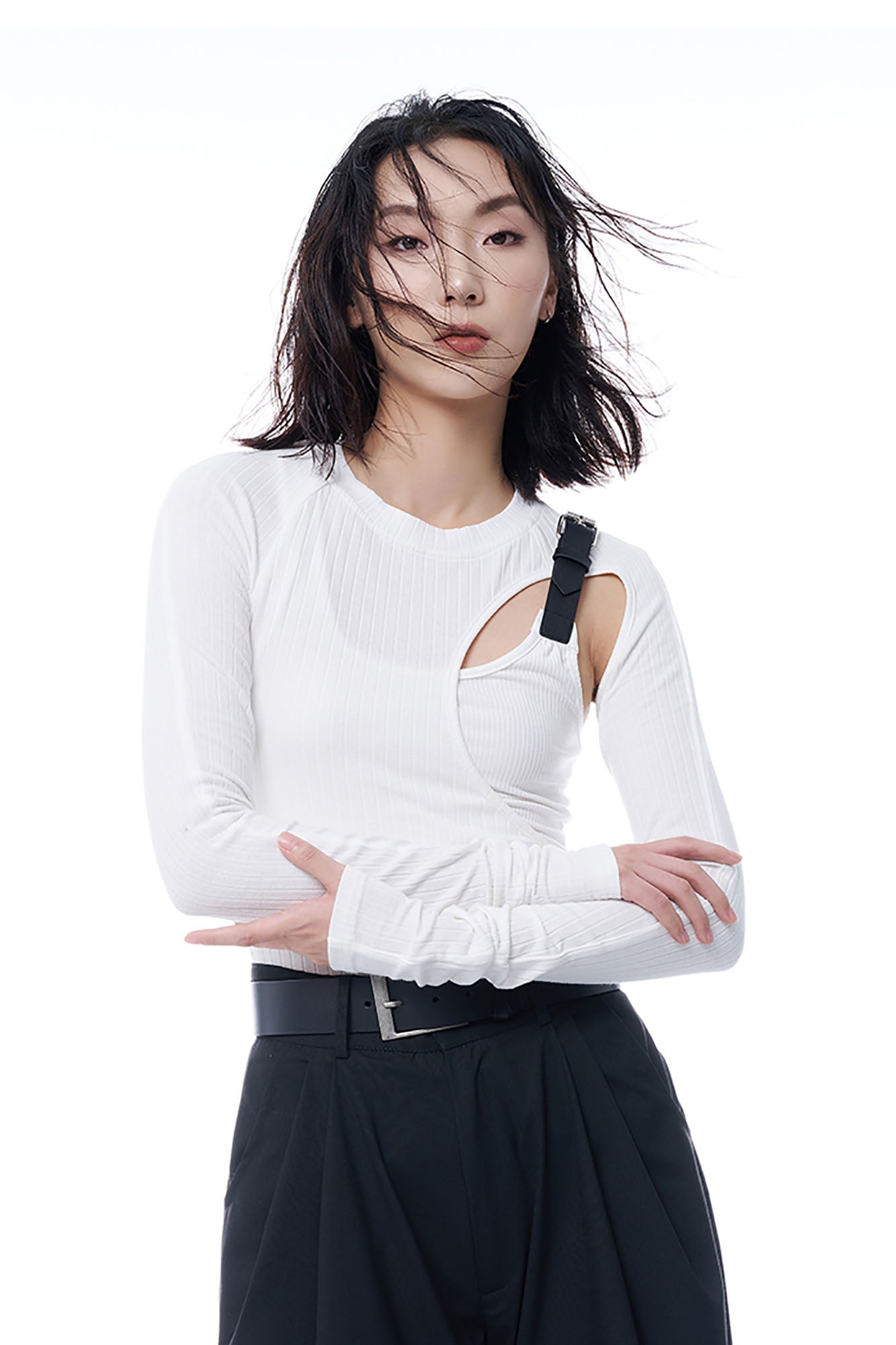 TUIMU Belted Cut-Out Ribbed Long-Sleeve Tee, premium urban and streetwear designers apparel on PROJECTISR.com, TUIMU